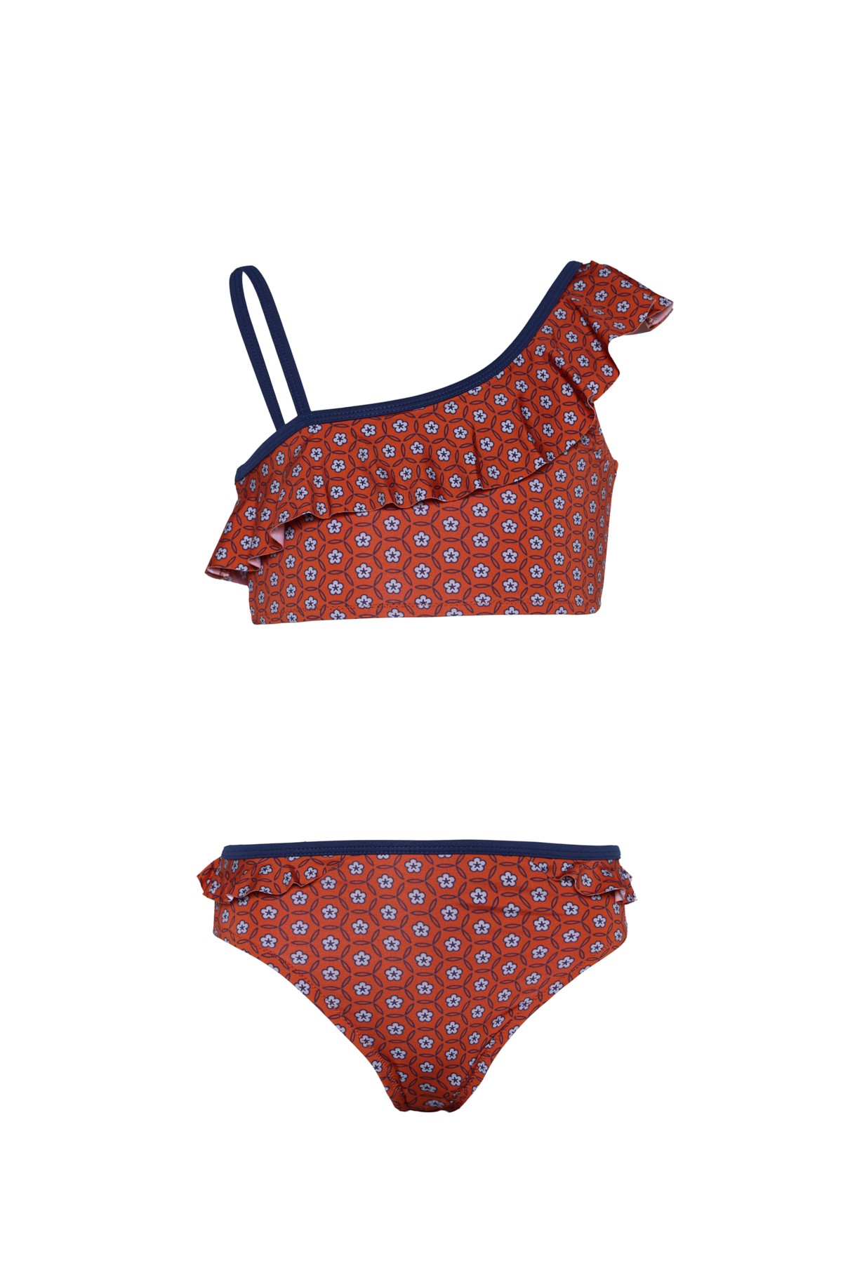Kız Çocuk Çiçek Desenli Kiremit Rengi Lacivert Biyeli Bikini Takımı 25SG005ST