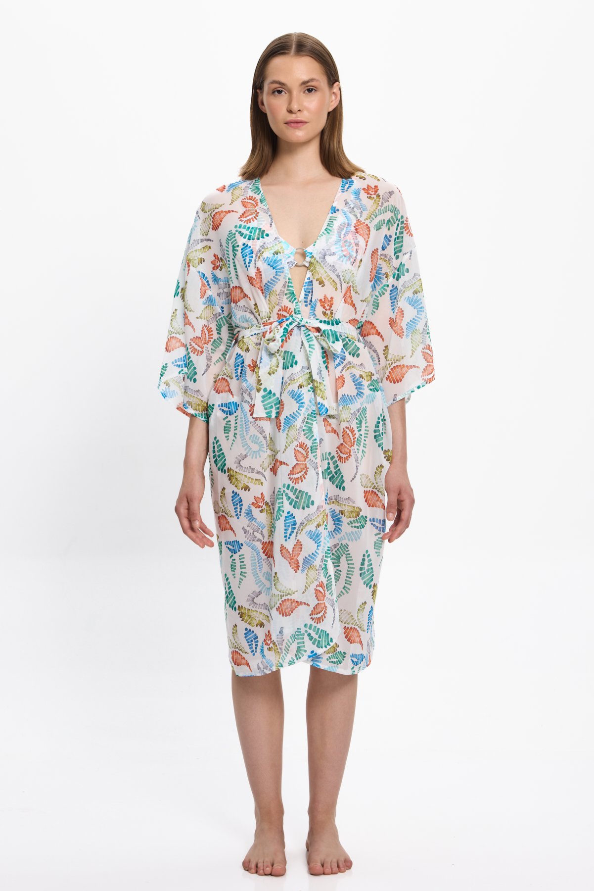 Kadın Çok Renkli Geometrik Uzun Kimono 25PL15ST