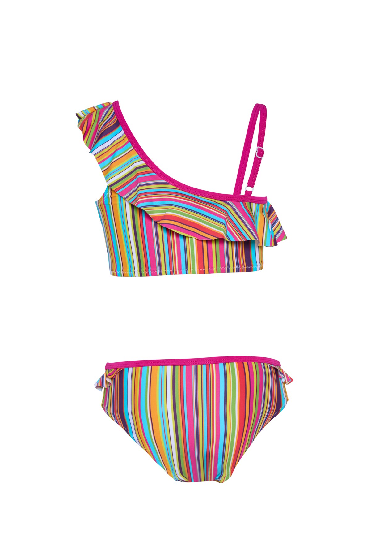 Kız Çocuk Çok Renkli Çizgili Fuşya Biyeli Bikini Takımı 25SG001ST