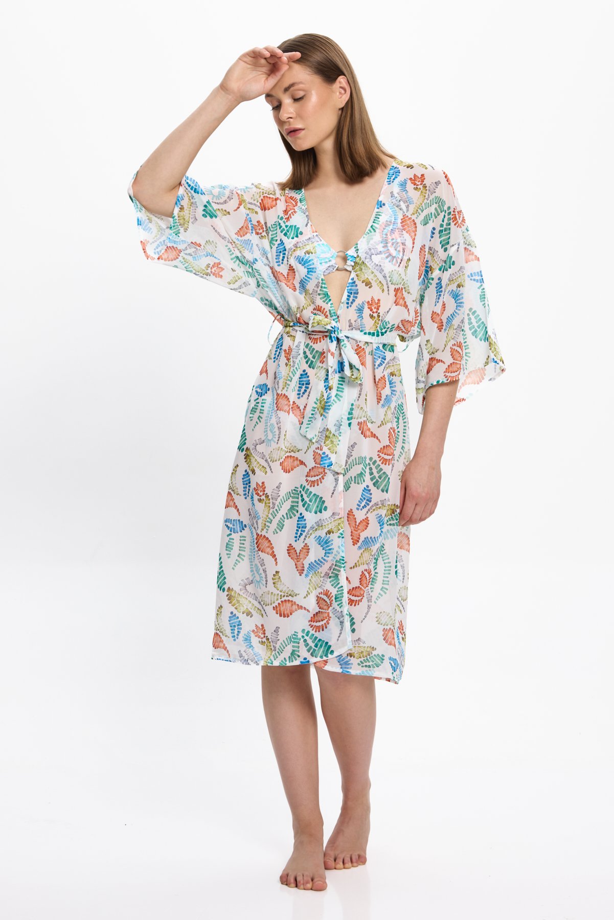 Kadın Çok Renkli Geometrik Uzun Kimono 25PL15ST