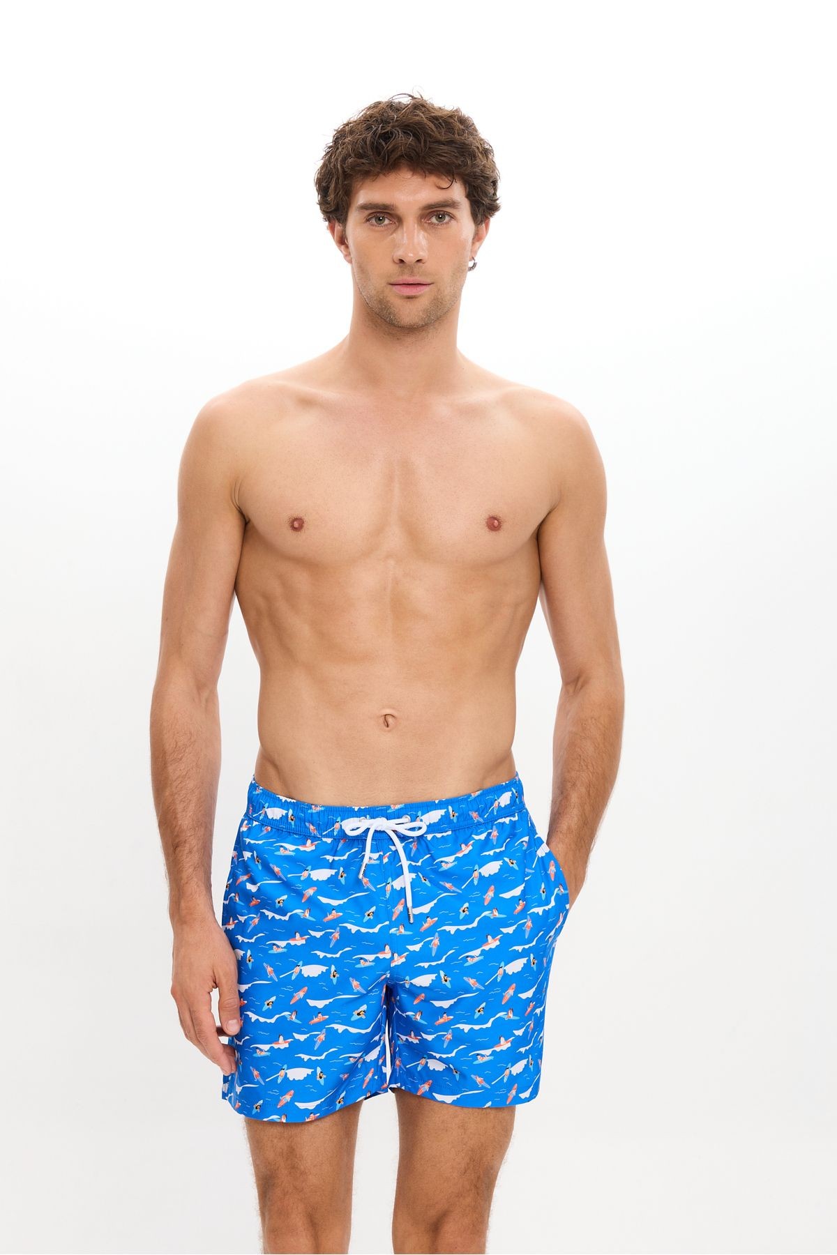 ERKEK Surf Desenli Deniz Şortu Cepli Fileli Astarlı Hızlı Kuruyan Su İtici Orta Boy 25SM109ST