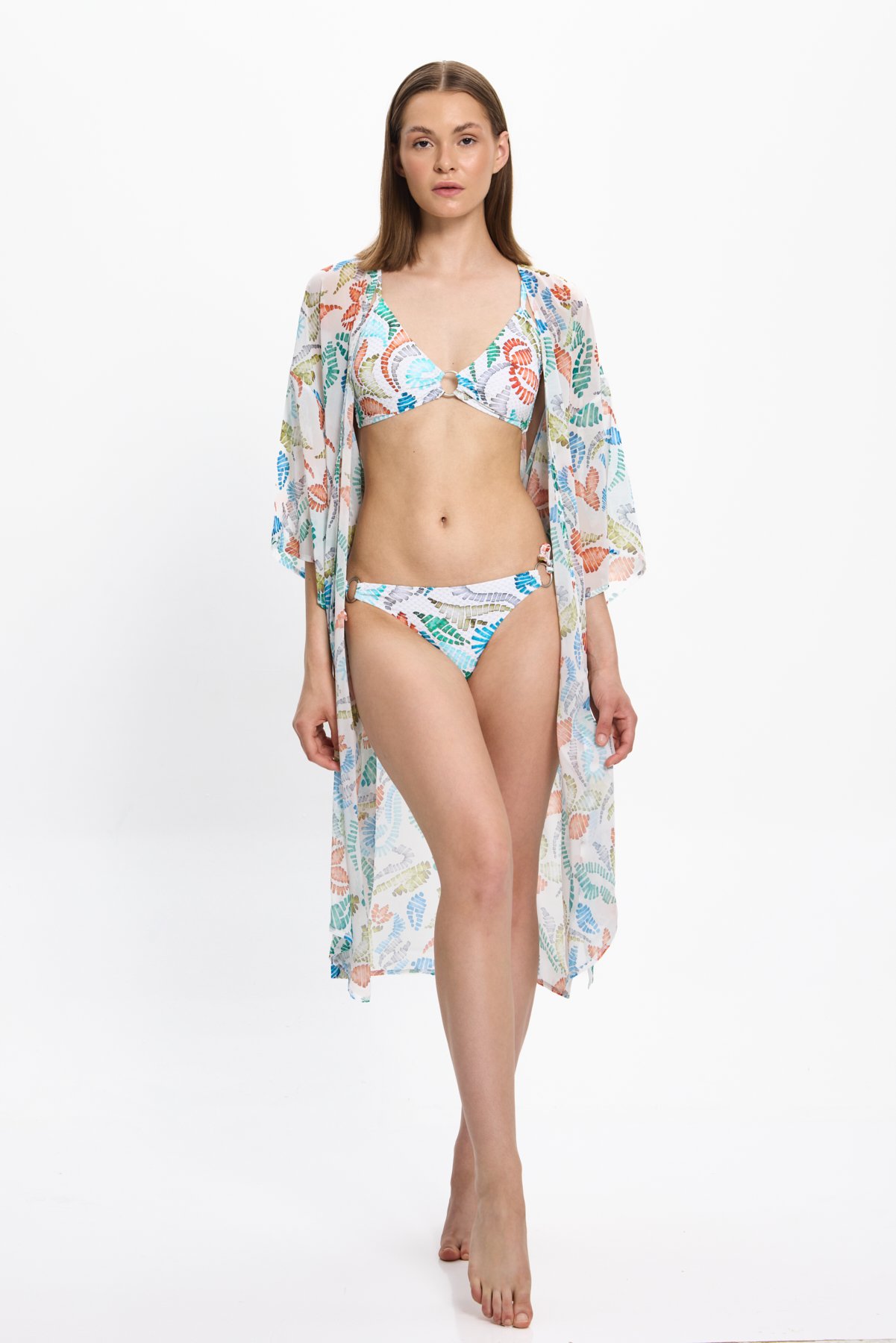 Kadın Çok Renkli Geometrik Uzun Kimono 25PL15ST