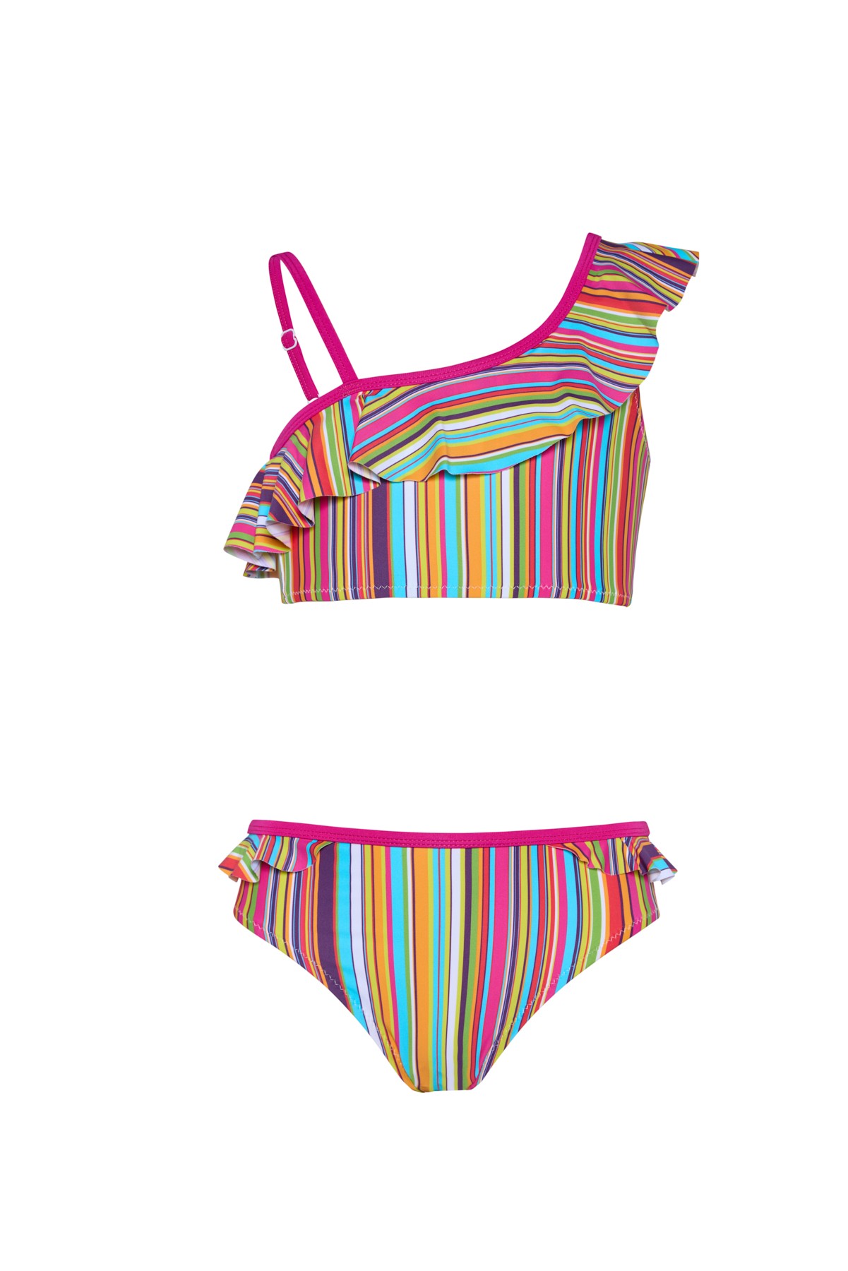 Kız Çocuk Çok Renkli Çizgili Fuşya Biyeli Bikini Takımı 25SG001ST