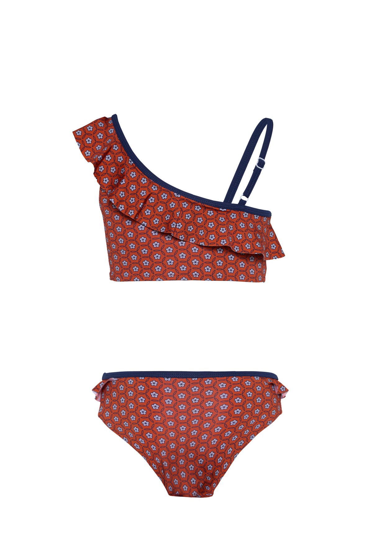 Kız Çocuk Çiçek Desenli Kiremit Rengi Lacivert Biyeli Bikini Takımı 25SG005ST