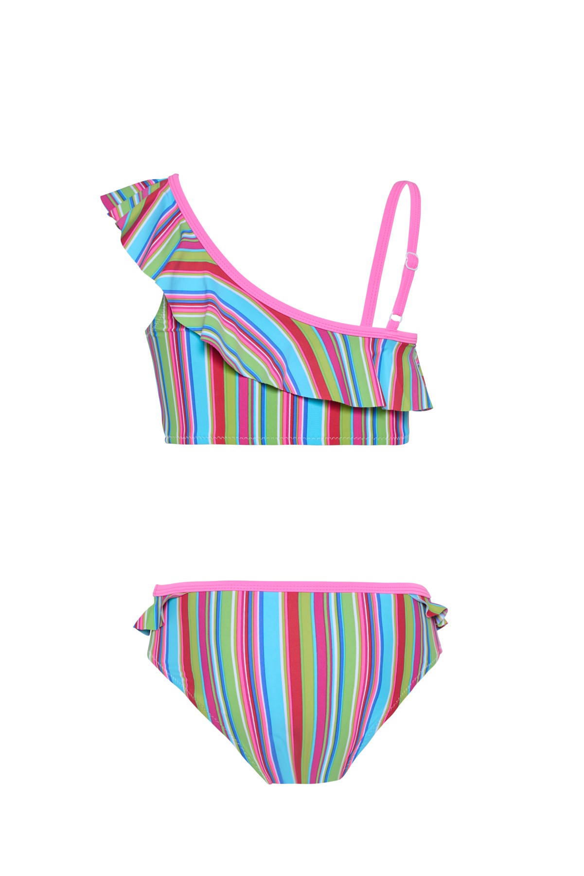 Kız Çocuk Çok Renkli Mavi Çizgili Pembe Biyeli Bikini Takımı 25SG003ST