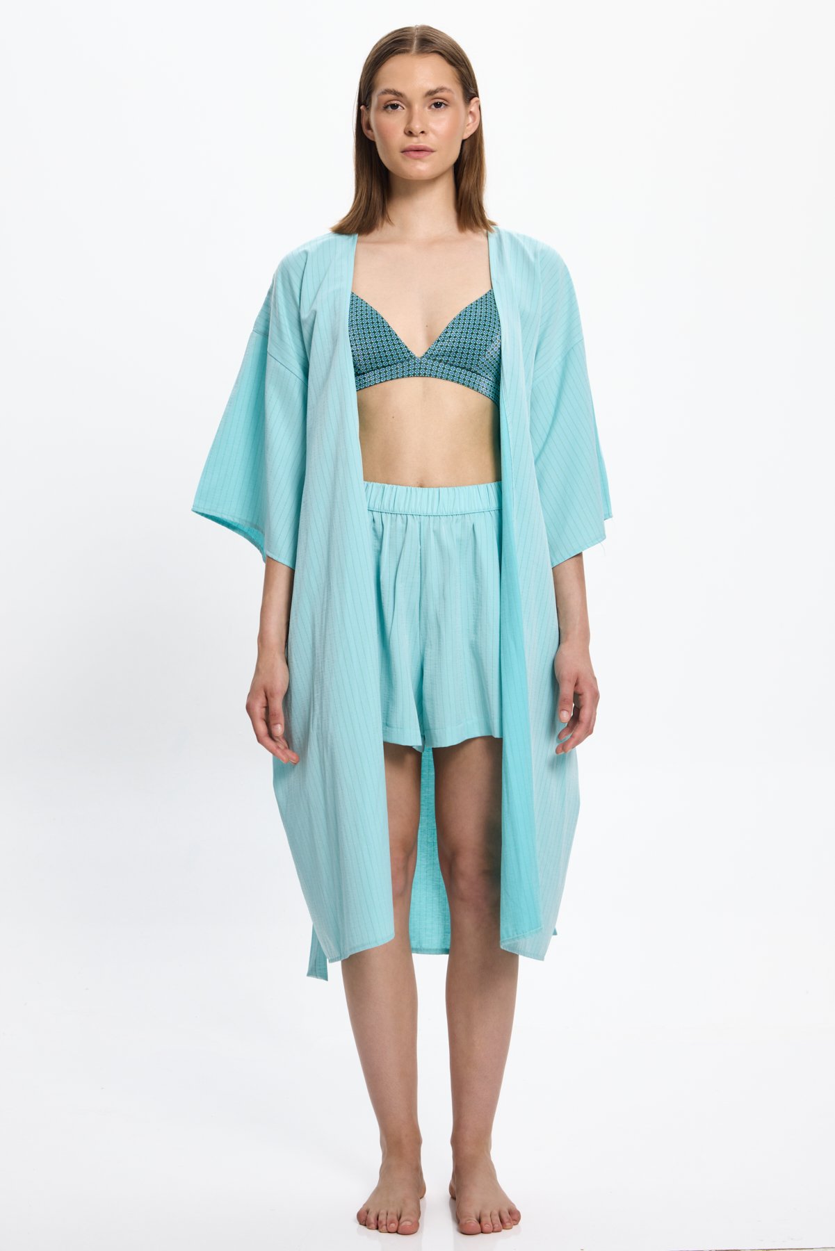 Kadın Mint Yeşili Çizgili Uzun Kimono 25PL05ST