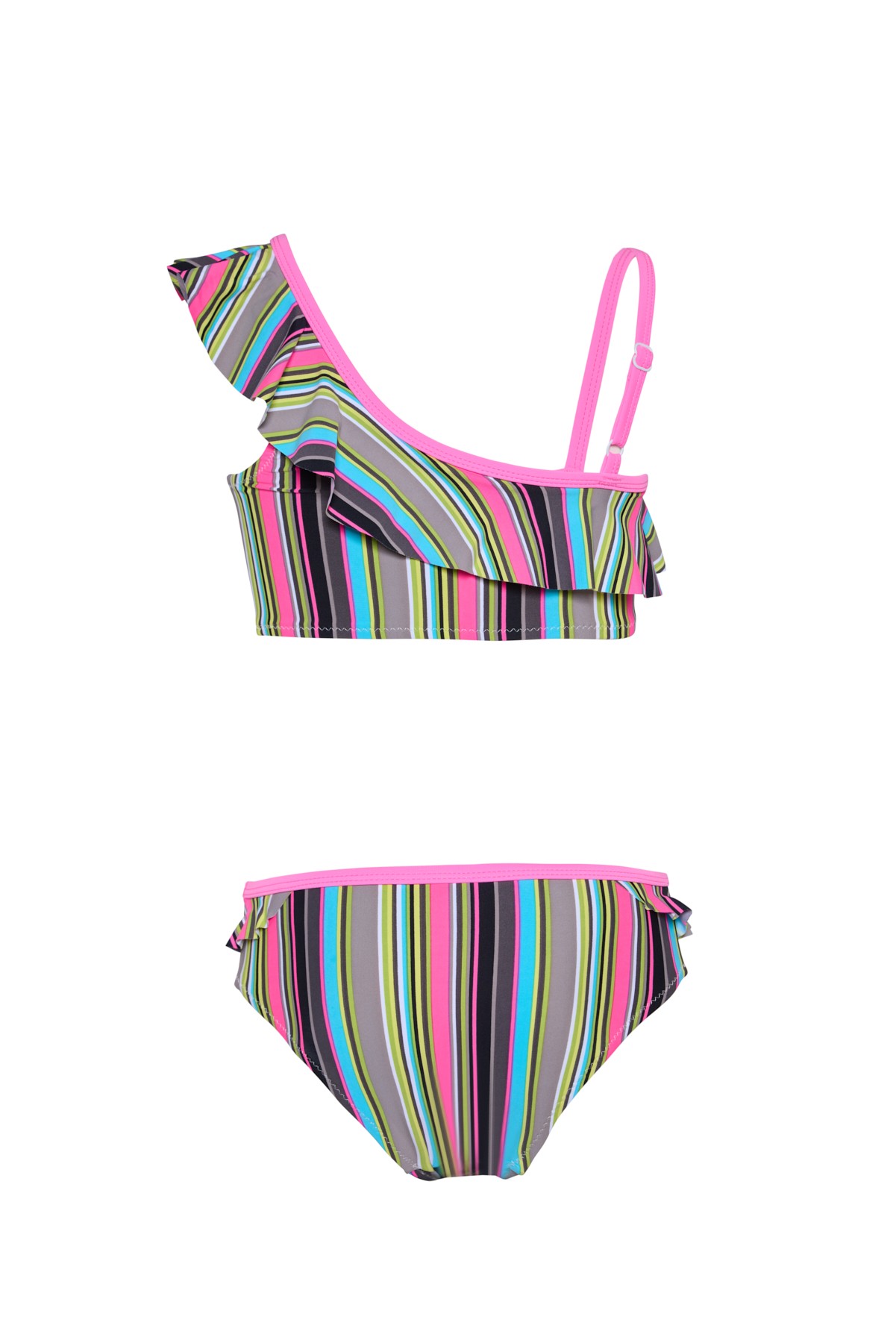 Kız Çocuk Çok Renkli Siyah Çizgili Pembe Biyeli Bikini Takımı 25SG002ST