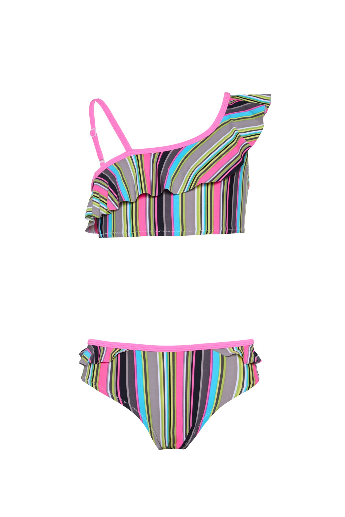 Kız Çocuk Çok Renkli Siyah Çizgili Pembe Biyeli Bikini Takımı 25SG002ST