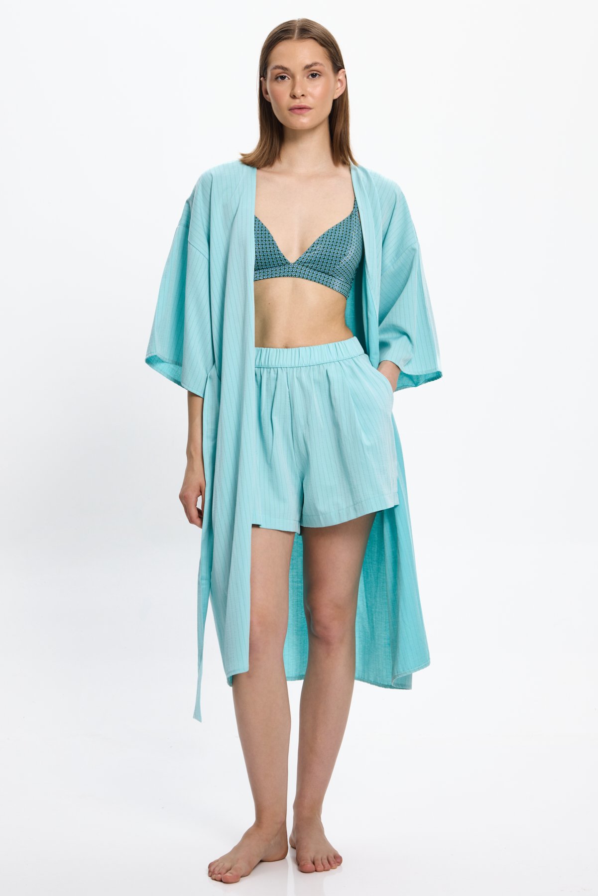 Kadın Mint Yeşili Çizgili Uzun Kimono 25PL05ST