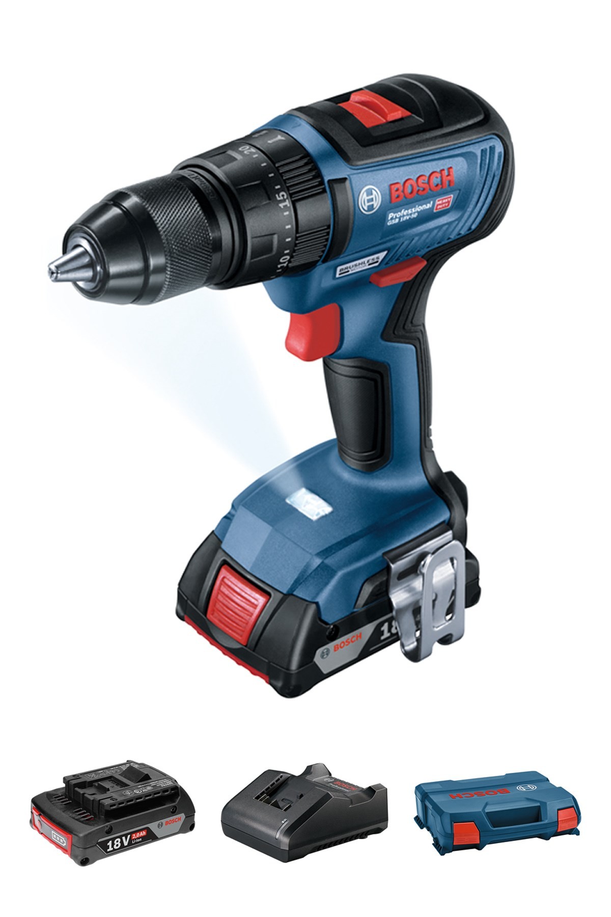 Bosch GSB 18V-50 Li-ion Akülü Vidalama Makinesi (Set : 2 Adet Pil + Şarj Aleti + L-Boxx)