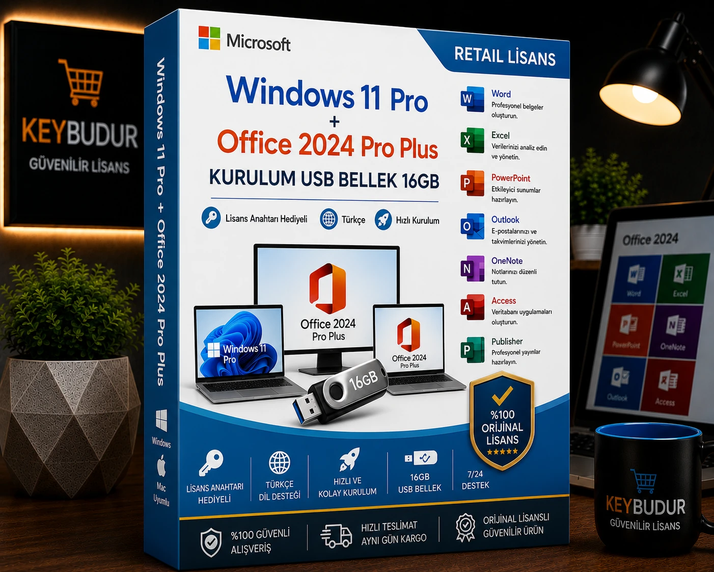 Windows 11 Pro + Office 2024 Pro Plus Kurulum USB Bellek 16GB | Lisans Anahtarı Hediyeli | Türkçe | Hızlı Kurulum