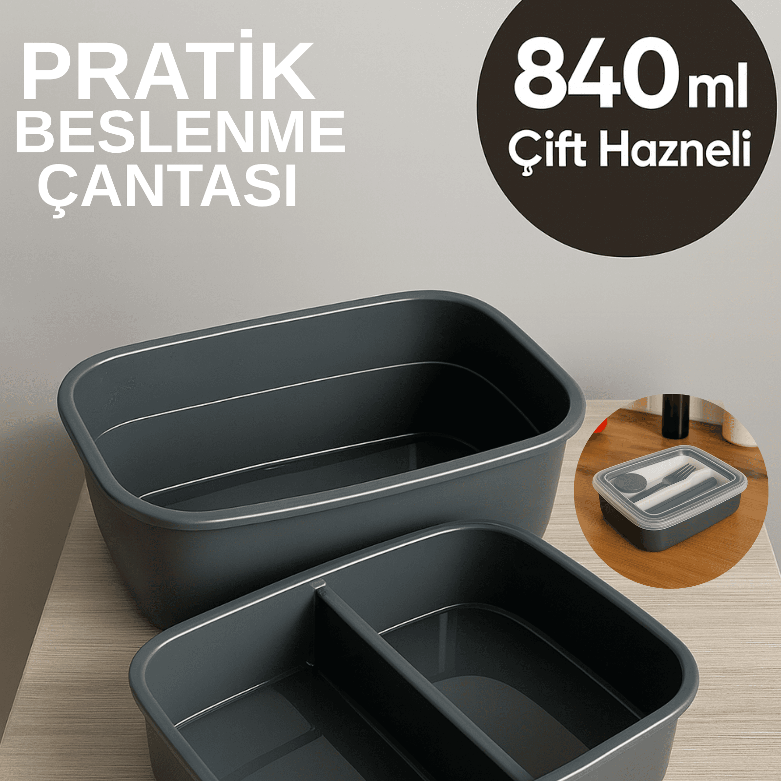 Saklama Hazneli Lunch Box Yemek Kabı – 800‑840 ml Kaşık Çatallı