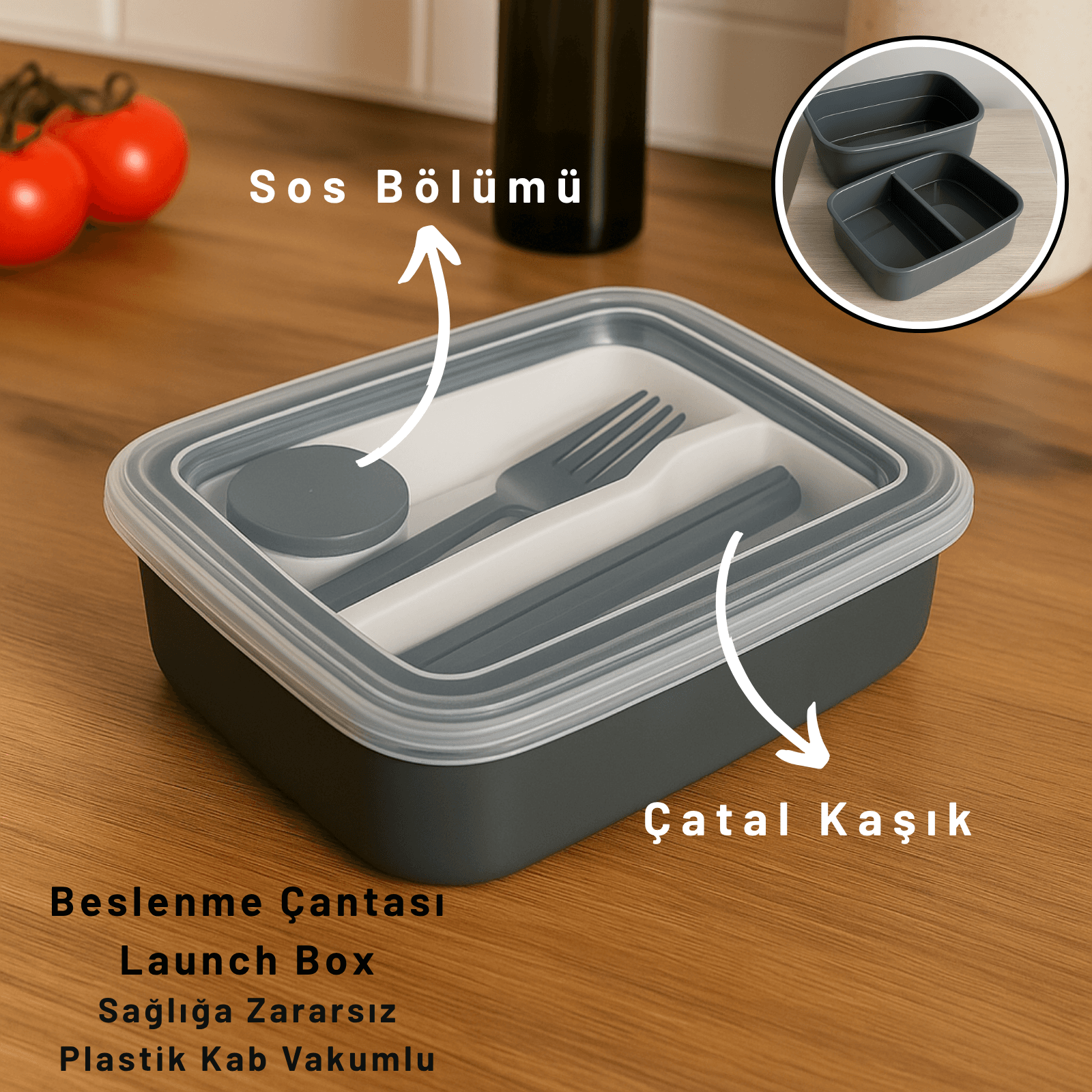 Saklama Hazneli Lunch Box Yemek Kabı – 800‑840 ml Kaşık Çatallı