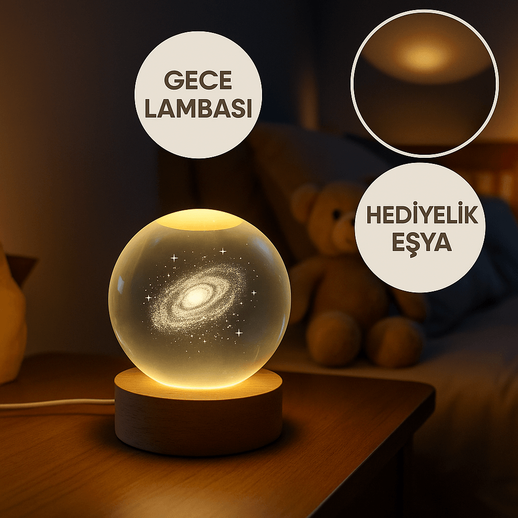 USB’li Ahşap Tabanlı Kristal Gece Lambası | Galaksi & Kalp Desen