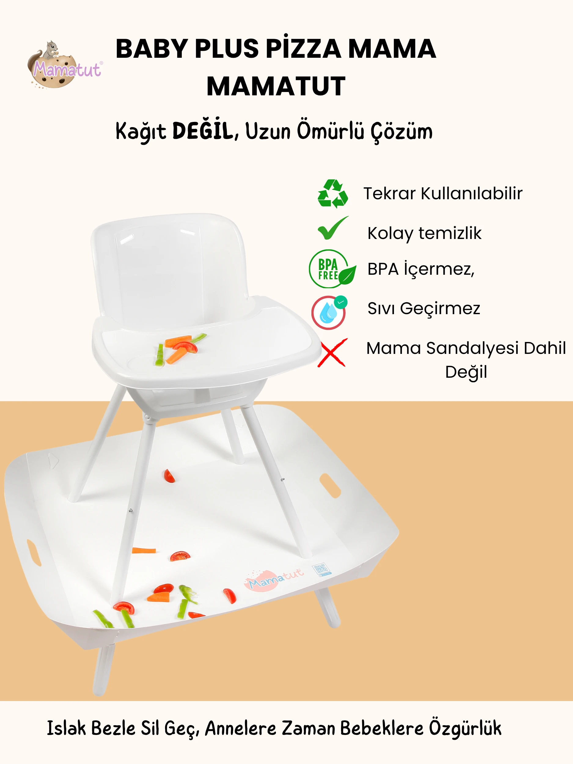BABY PLUS PİZZA MAMA UYUMLU MAMATUT MAMA SANDALYESİ APARATI, SU GEÇİRMEZ UZUN ÖMÜRLÜ (mama sandalyesi dahil değildir)