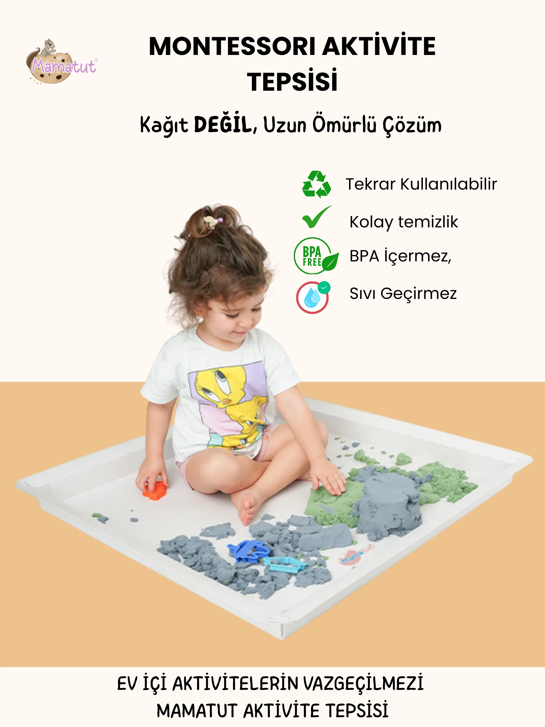 MamaTut Resimli Montessori Aktivite Tepsisi, Su Geçirmez, Darbelere Dayanıklı, Boyanabilir