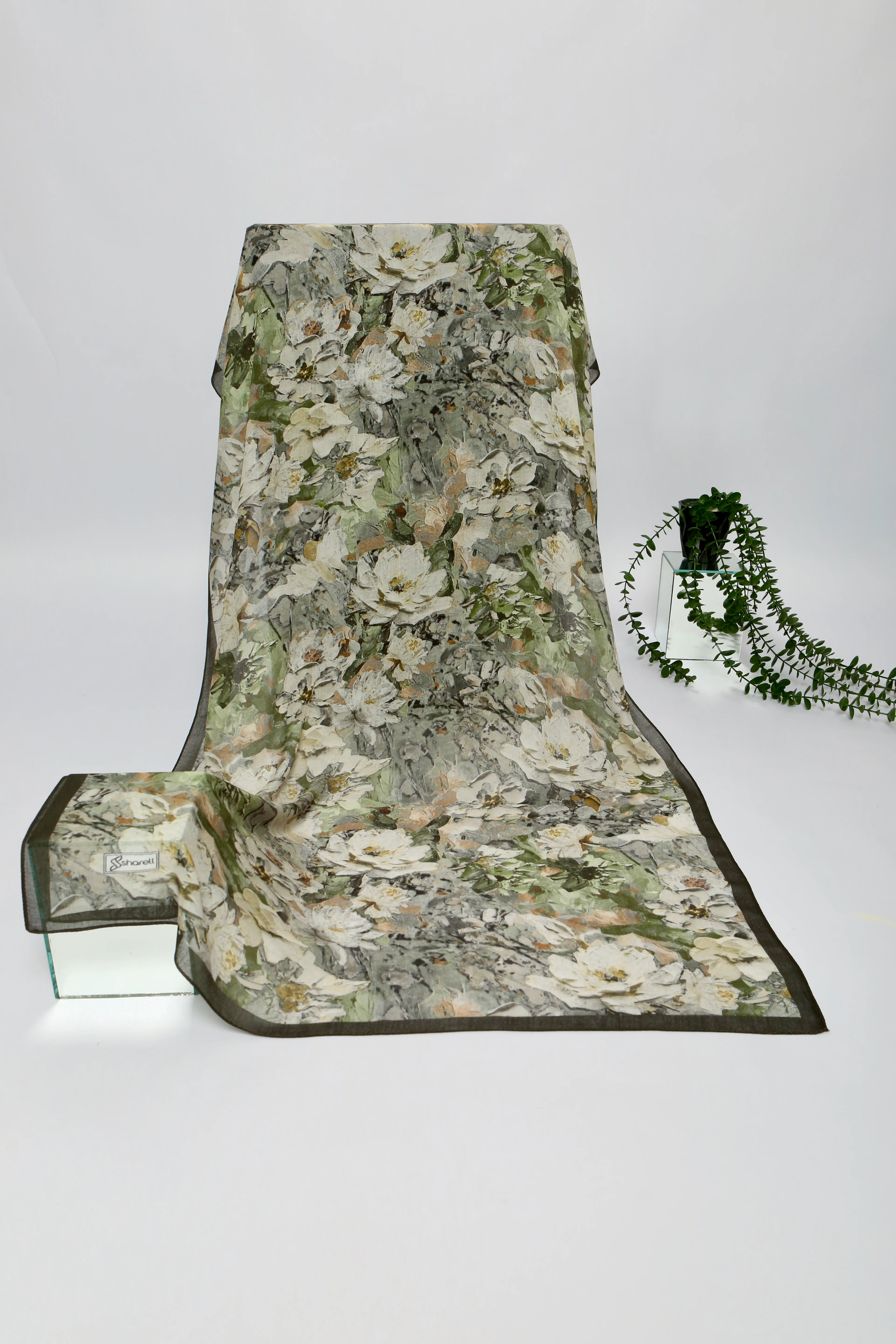 BOTANİCA DESEN RAMİ ŞAL ZEYTİN YEŞİLİ