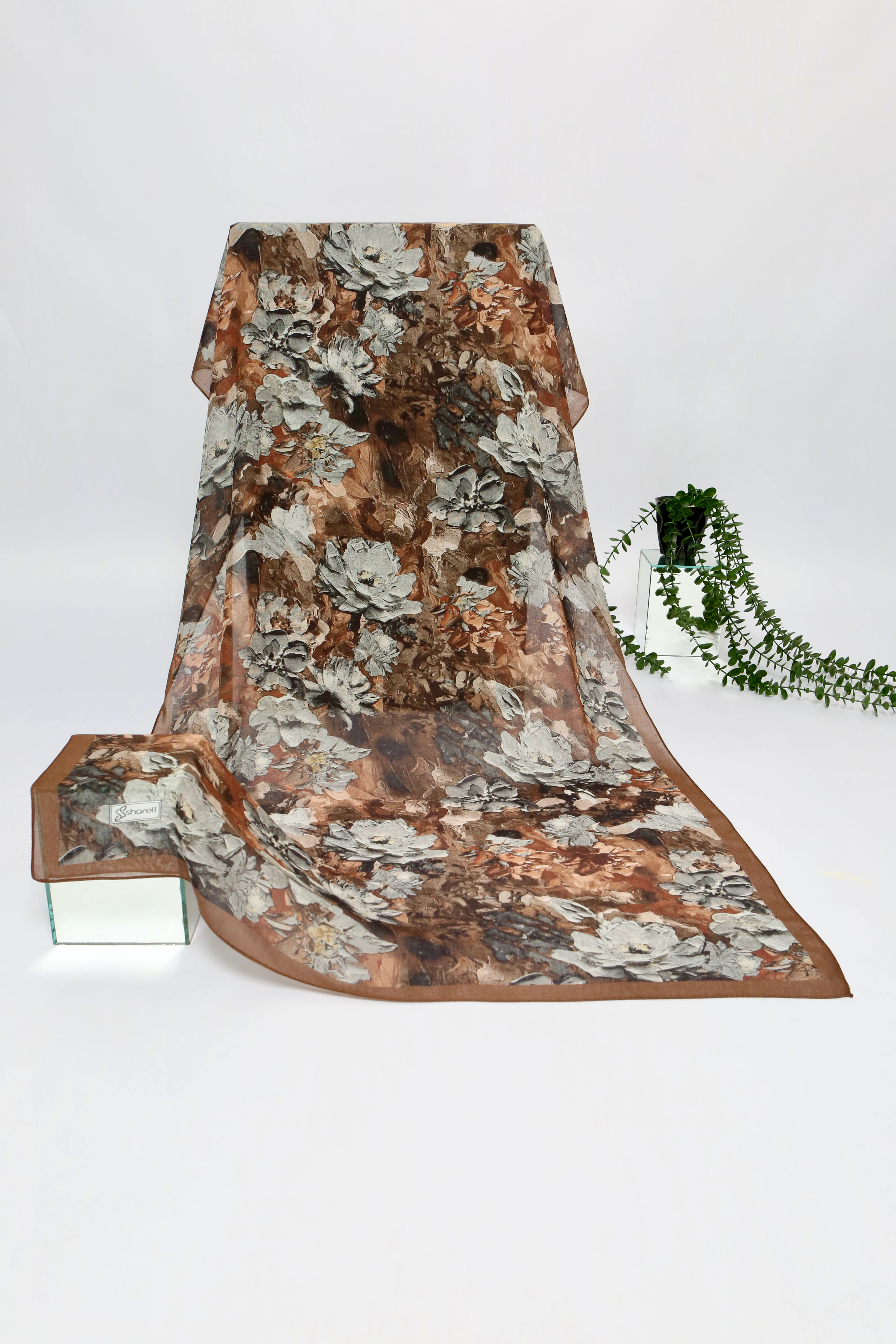 BOTANİCA DESEN RAMİ ŞAL TARÇIN KAHVE