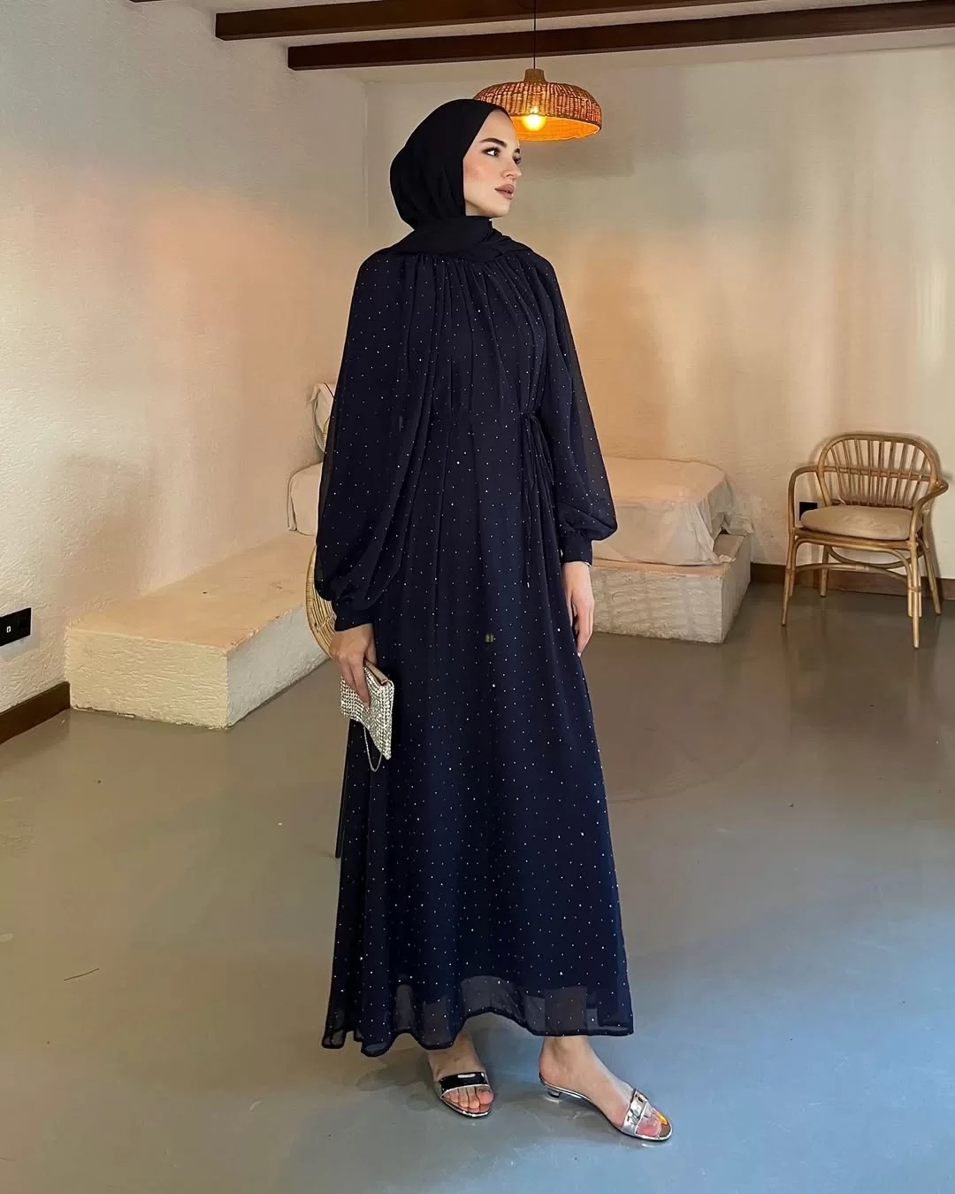 Taşlı Şifon Elbise - Siyah