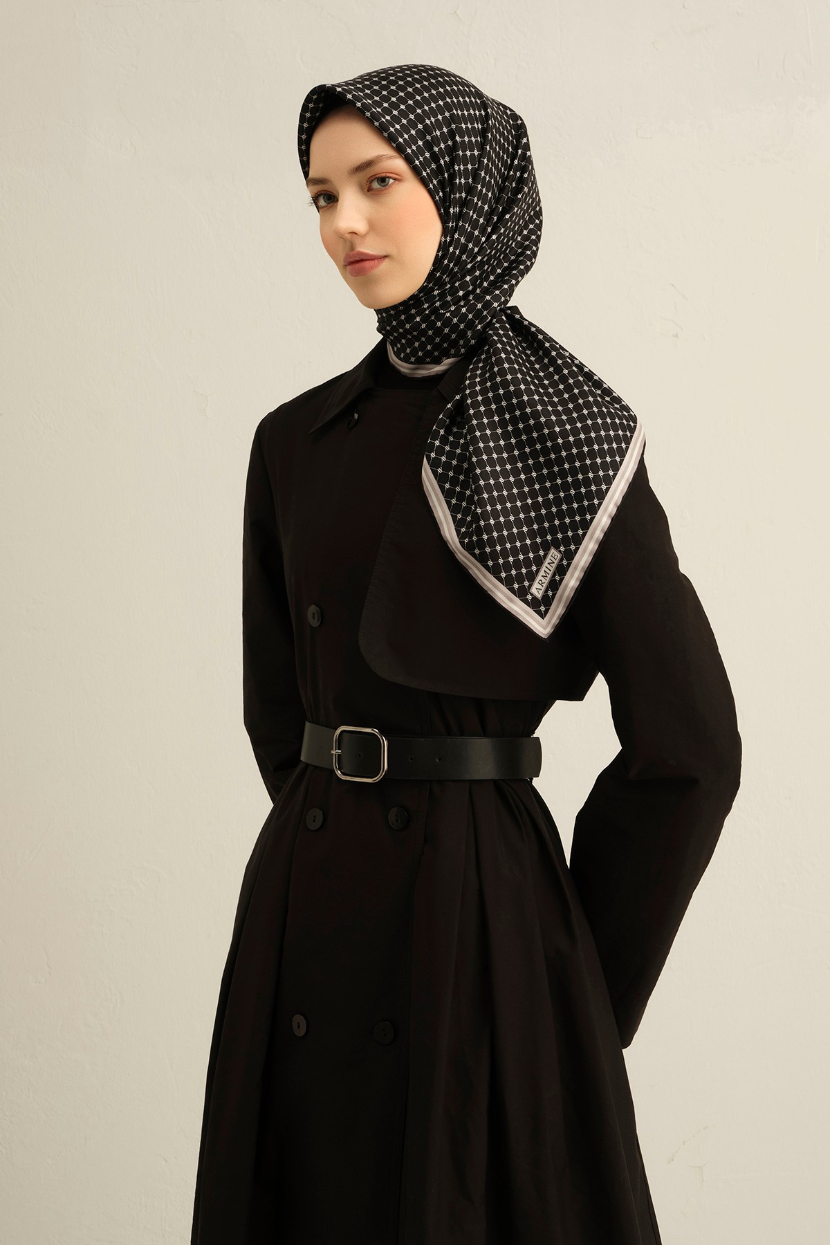 Armine Sura İpek Eşarp 9345DS - Siyah-Beyaz-10