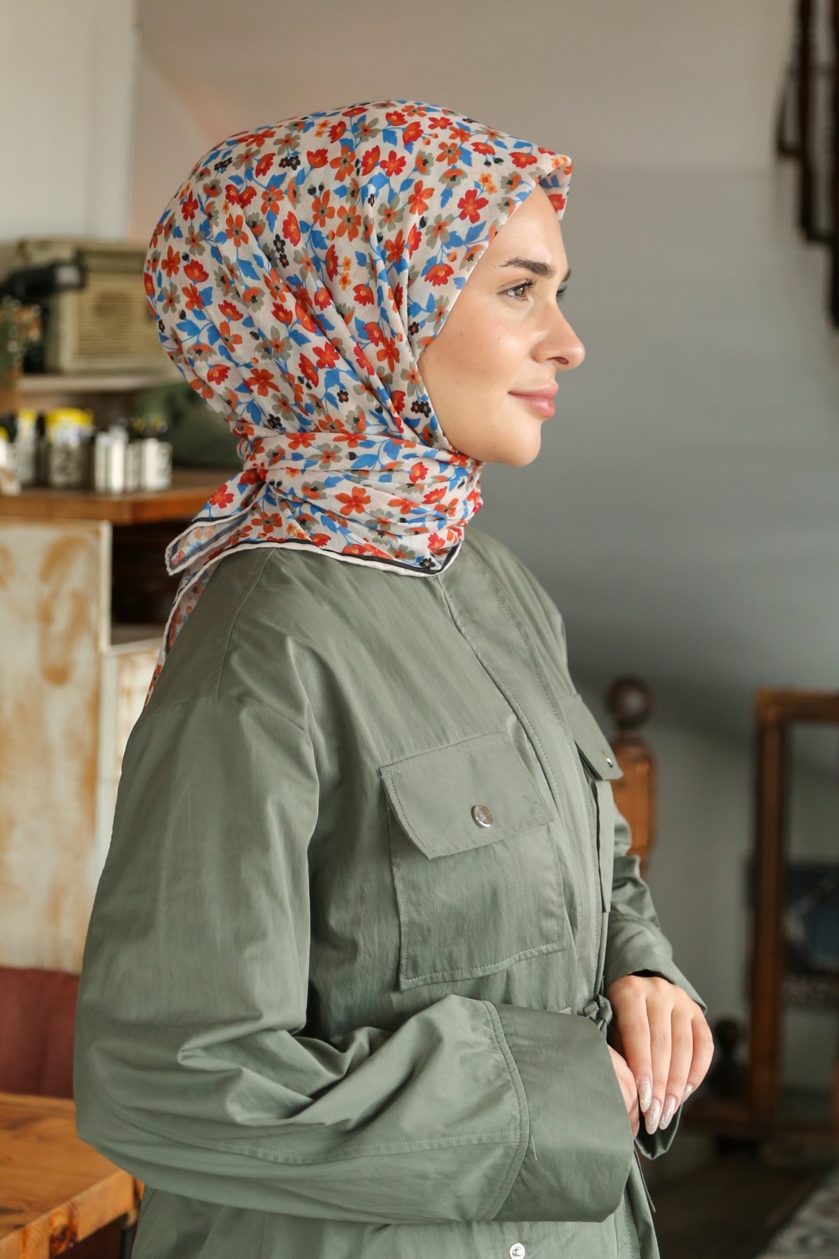 Tesettürnağme Soft Pamuk Eşarp TN2008 - Krem-Kiremit-Mavi-11