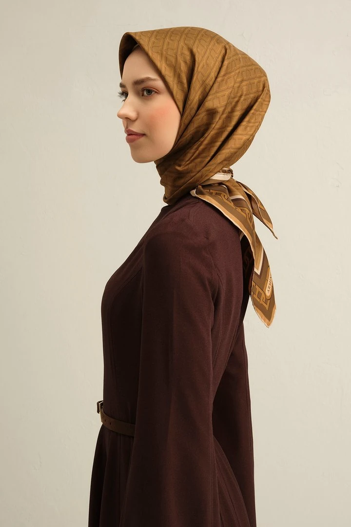 Armine Nostalji Serisi Twill İpek Eşarp 9301D - Hardal - Yağ Yeşili