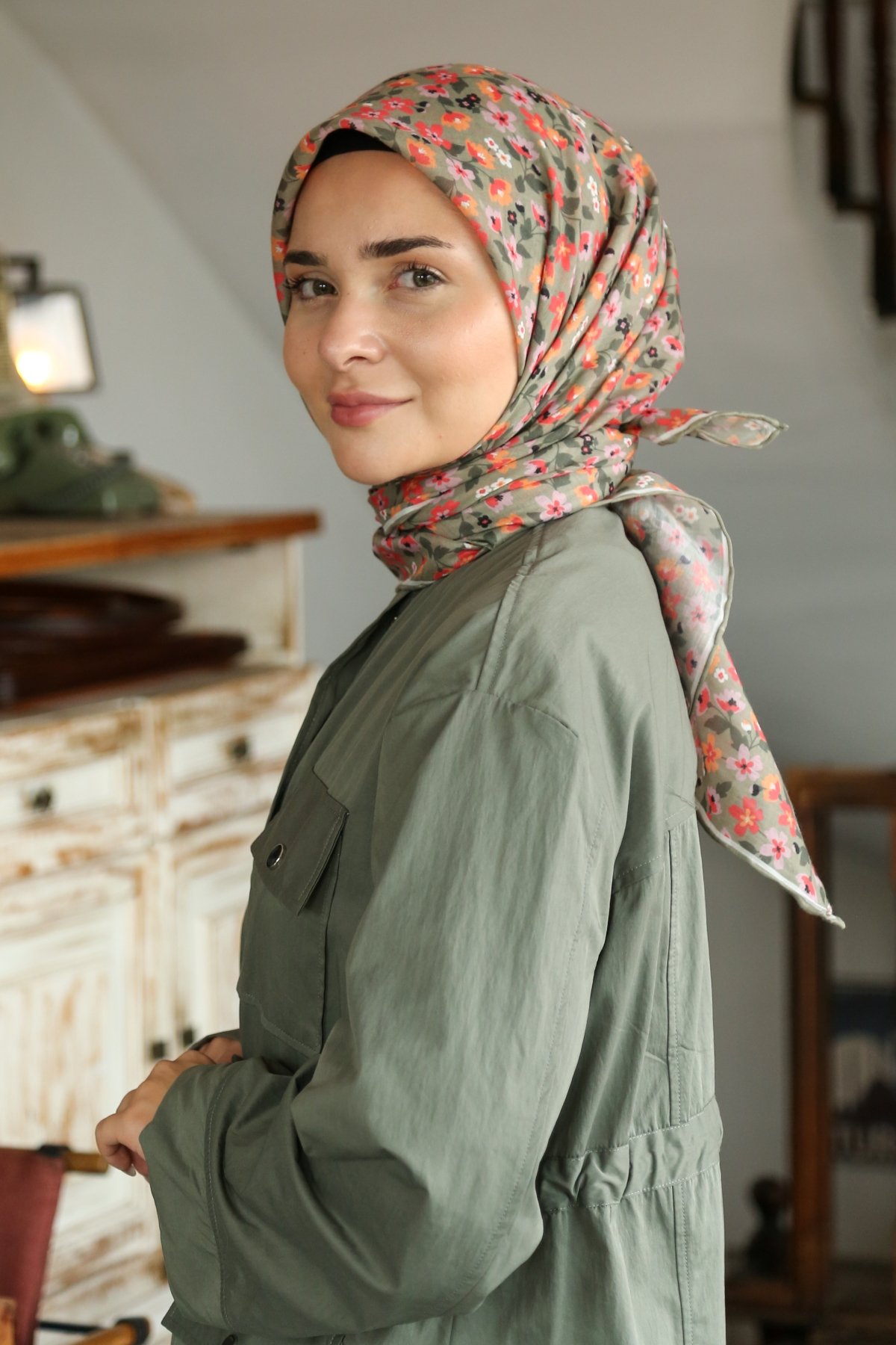 Tesettürnağme Soft Pamuk Eşarp TN2008 - Keten Yeşili-Somon-04