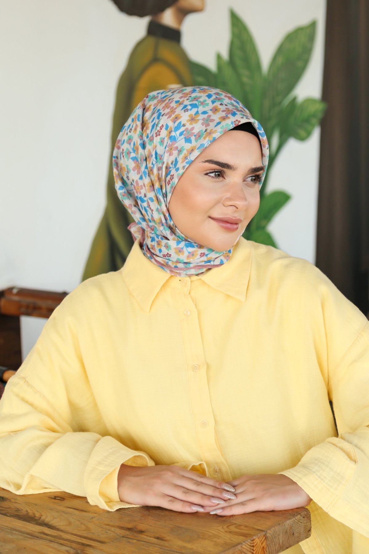 Tesettürnağme Soft Pamuk Eşarp TN2008 - Krem-Mavi-Hardal-09
