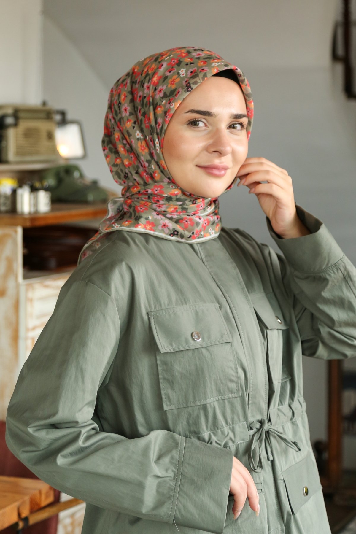 Tesettürnağme Soft Pamuk Eşarp TN2008 - Keten Yeşili-Somon-04