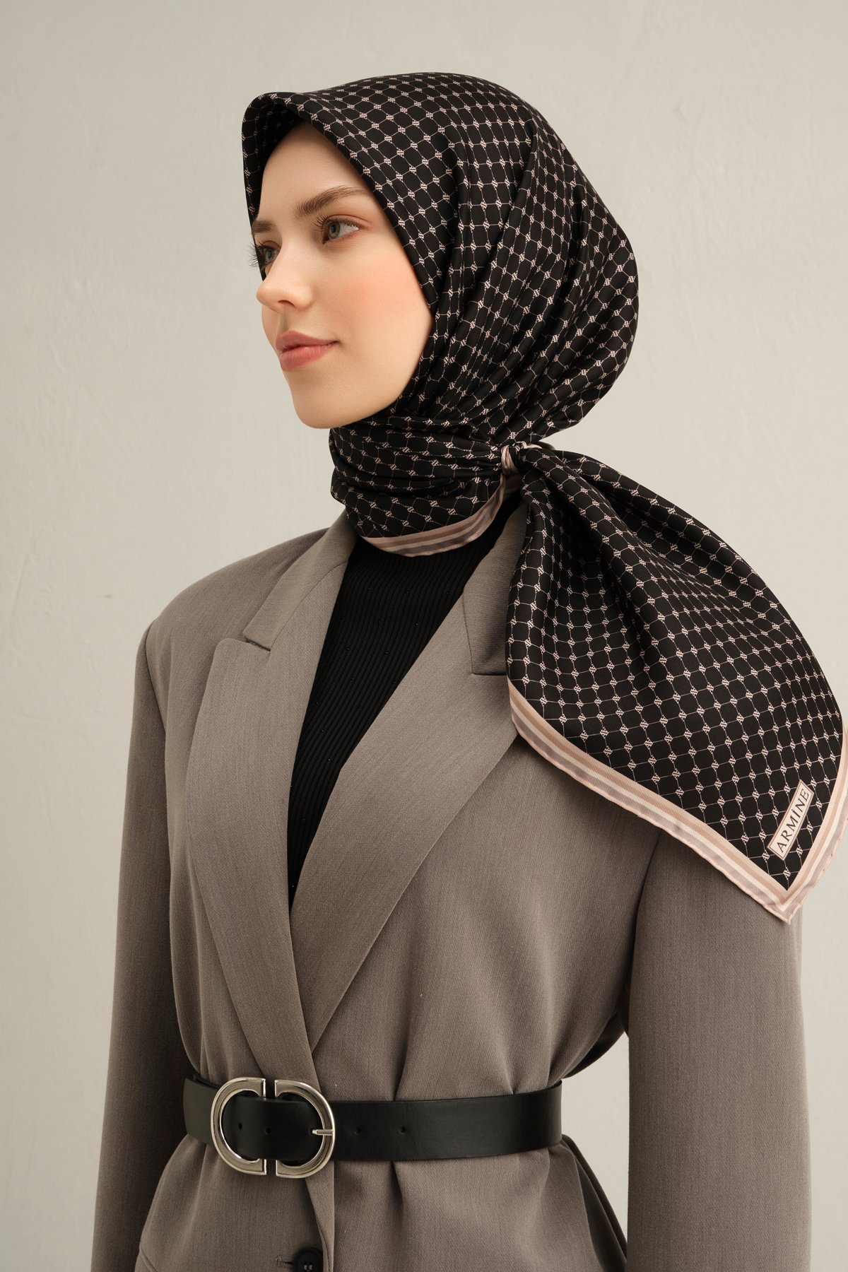 Armine Sura İpek Eşarp 9345DS - Siyah-Bej-07
