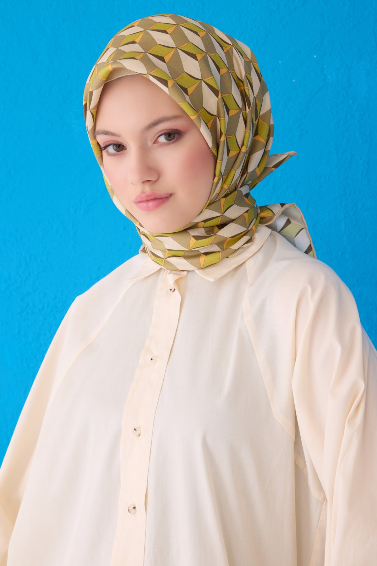 Belli Twill İpek Eşarp 4112D - Yeşil-Krem-30