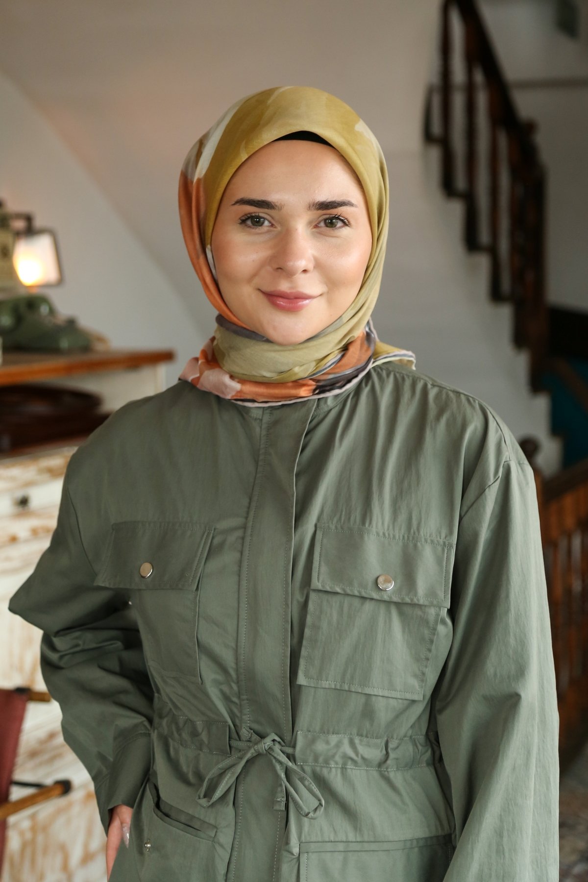 Tesettürnağme Soft Pamuk Eşarp TN2006 - Somon-Yağ Yeşili-04