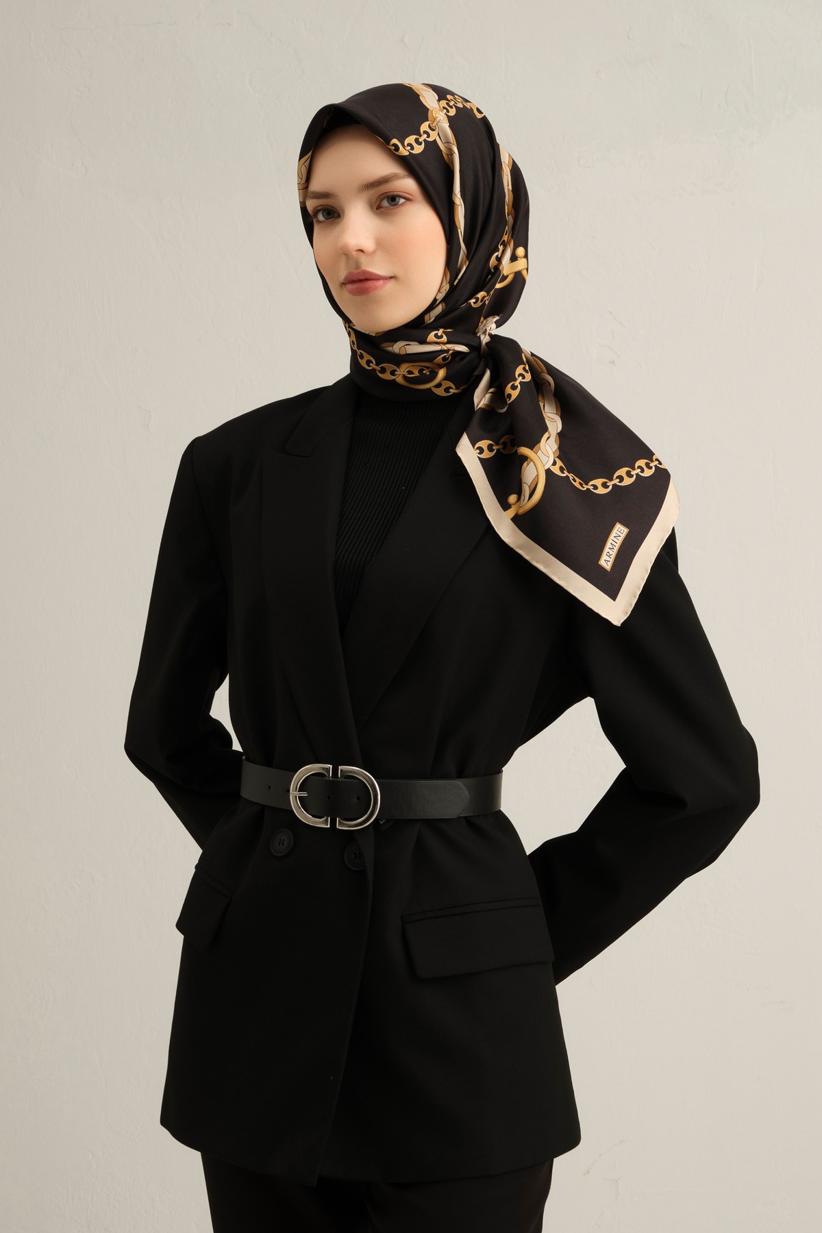 Armine Sura İpek Eşarp 9346DS - Siyah-Bej-09