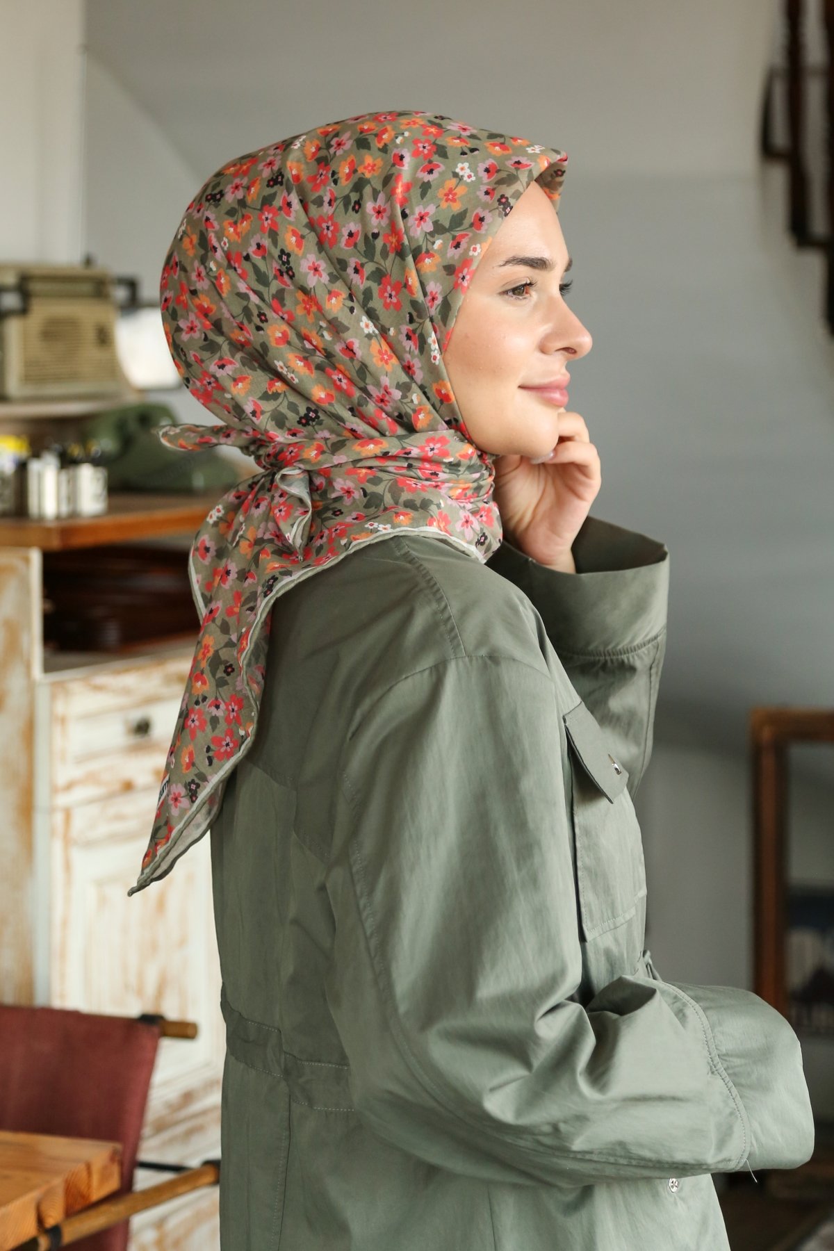 Tesettürnağme Soft Pamuk Eşarp TN2008 - Keten Yeşili-Somon-04
