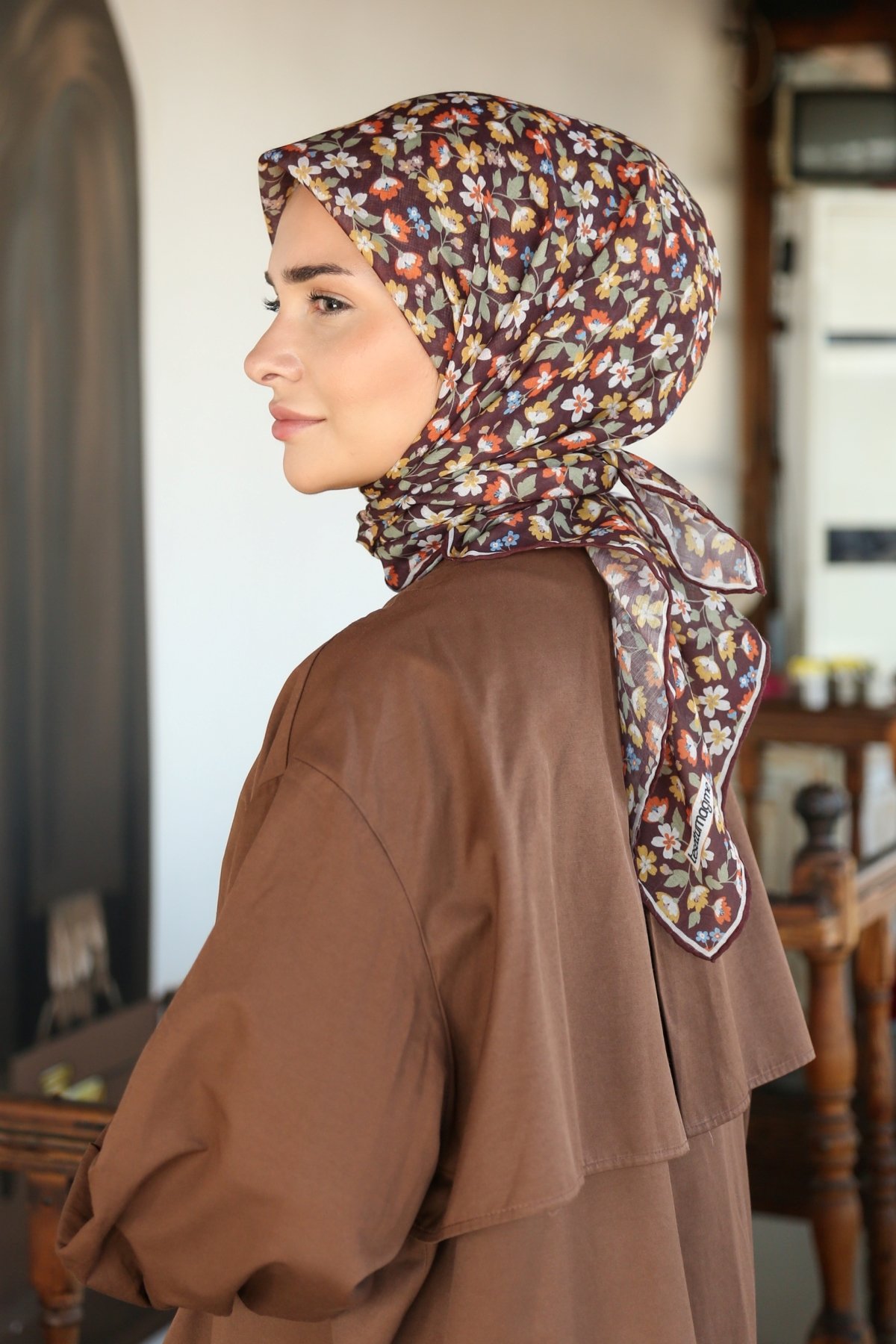 Tesettürnağme Soft Pamuk Eşarp TN2008 - Acı Kahve-Sarı-02