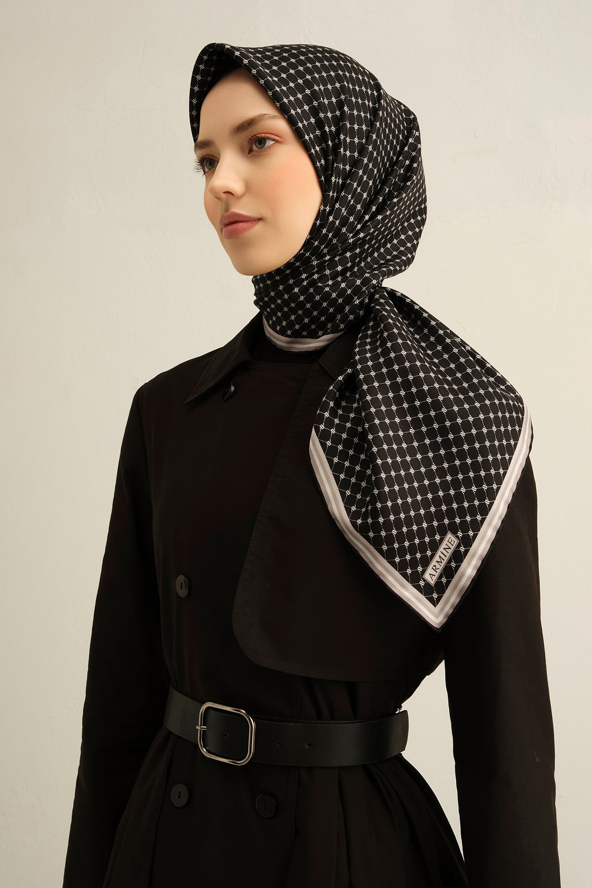 Armine Sura İpek Eşarp 9345DS - Siyah-Beyaz-10