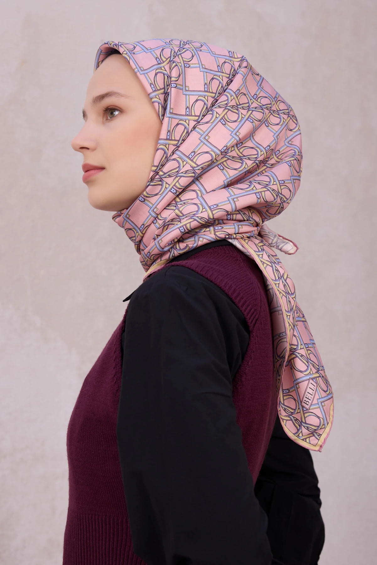 Belli Twill İpek Eşarp 4214D - 07-Pudra-Sarı-Mavi