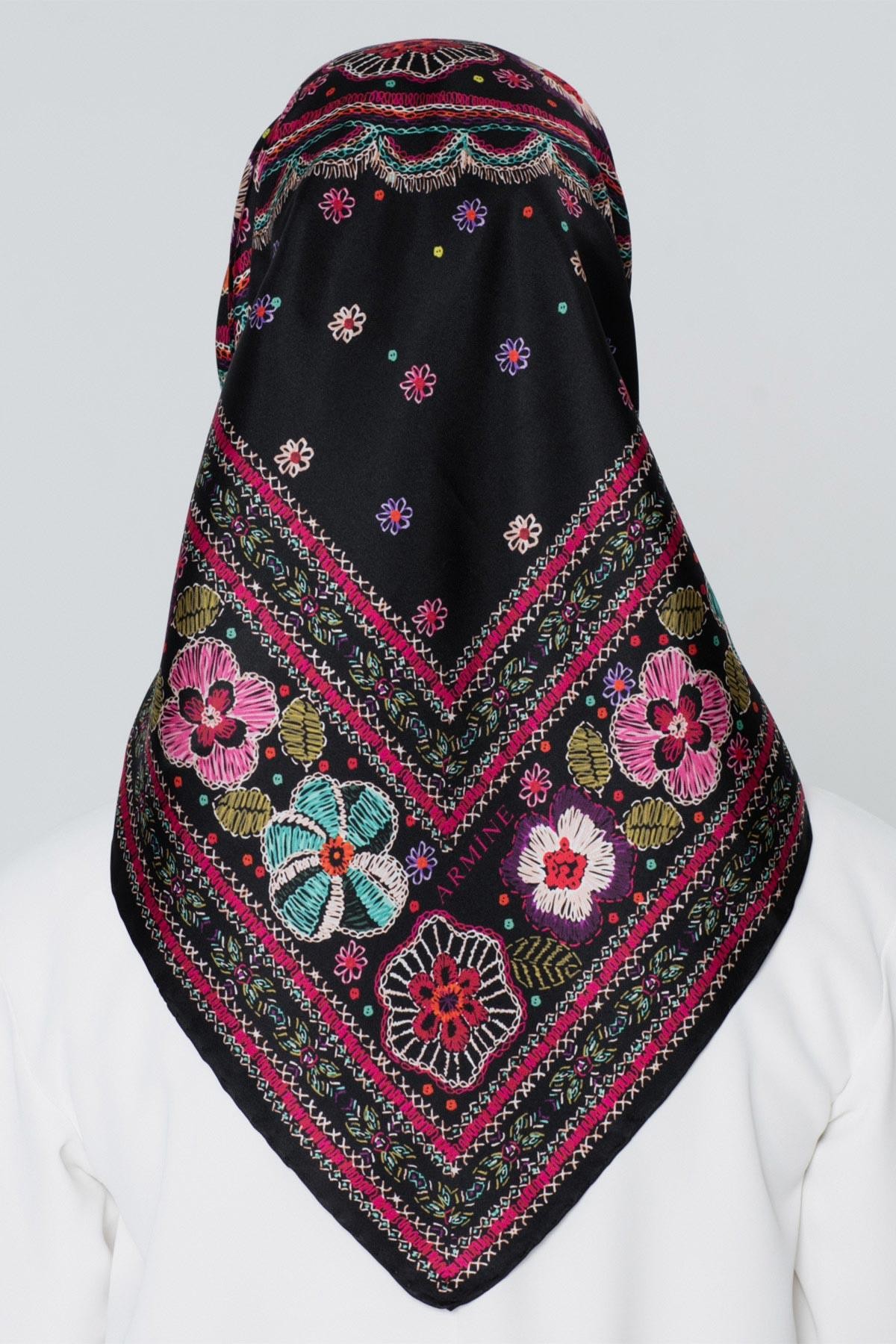 Armine Nostalji Serisi İpek Twill Eşarp Nakış Desen 7866D-09