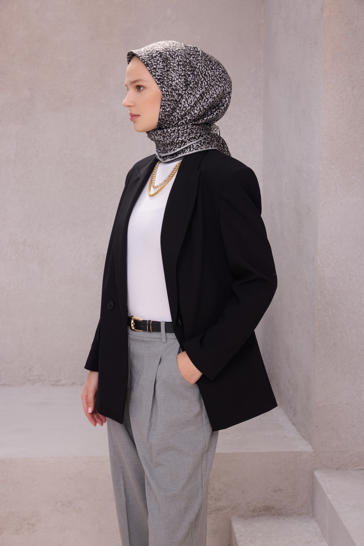 Belli Twill İpek Eşarp 4208D - 07-Siyah-Gri