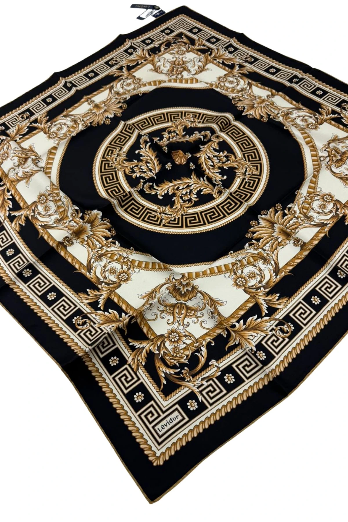 Levidor Twill İpek Eşarp LD1139 - 02-Siyah-Beyaz-Gold