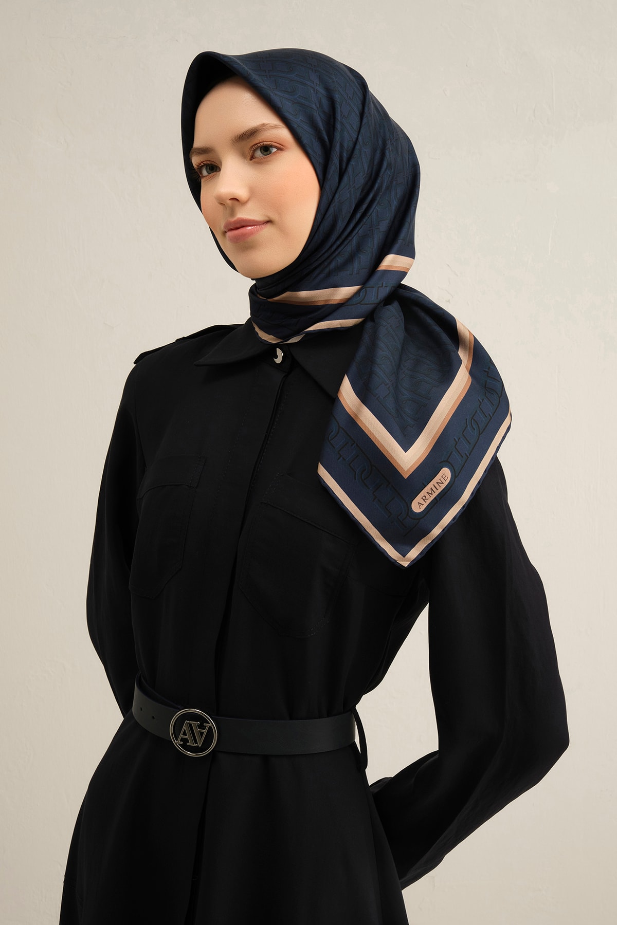 Armine Twill İpek Eşarp 9301D - Lacivert - Vizon
