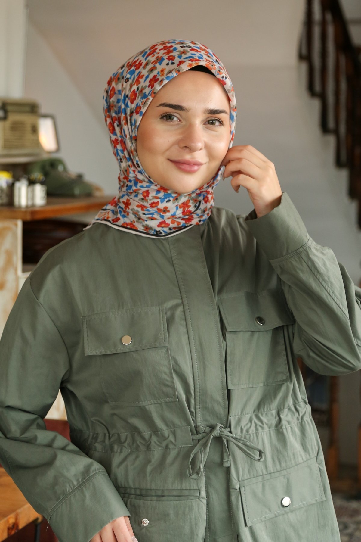 Tesettürnağme Soft Pamuk Eşarp TN2008 - Krem-Kiremit-Mavi-11