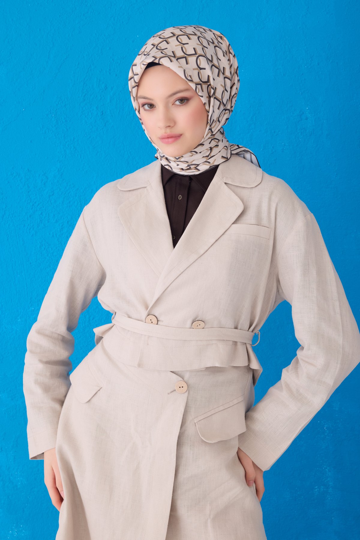 Belli Twill İpek Eşarp 4102D - Bej-Antrasit-07