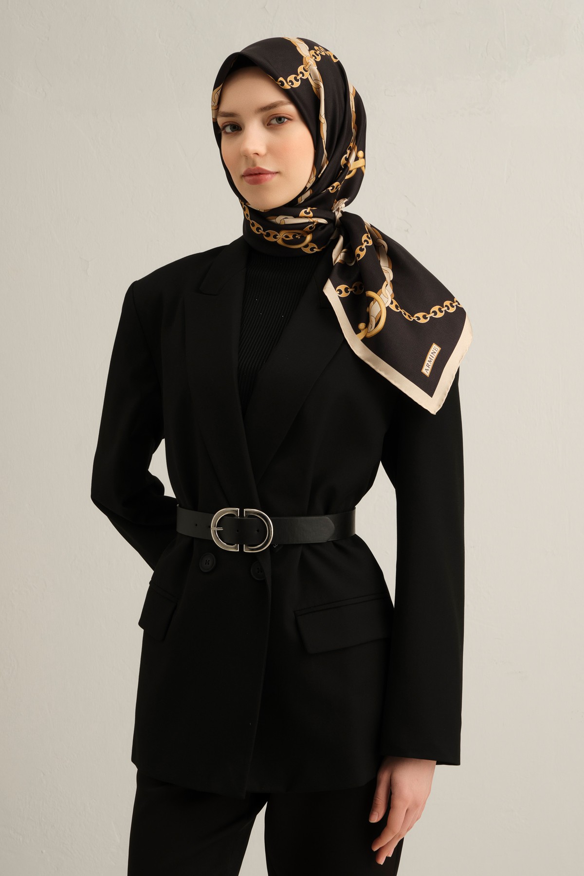 Armine Sura İpek Eşarp 9346DS - Siyah-Bej-09