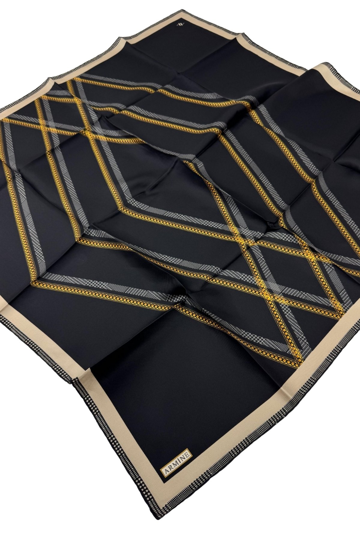 Armine Nostalji Serisi Twill İpek Eşarp 8833D-09 - SİYAH-GOLD