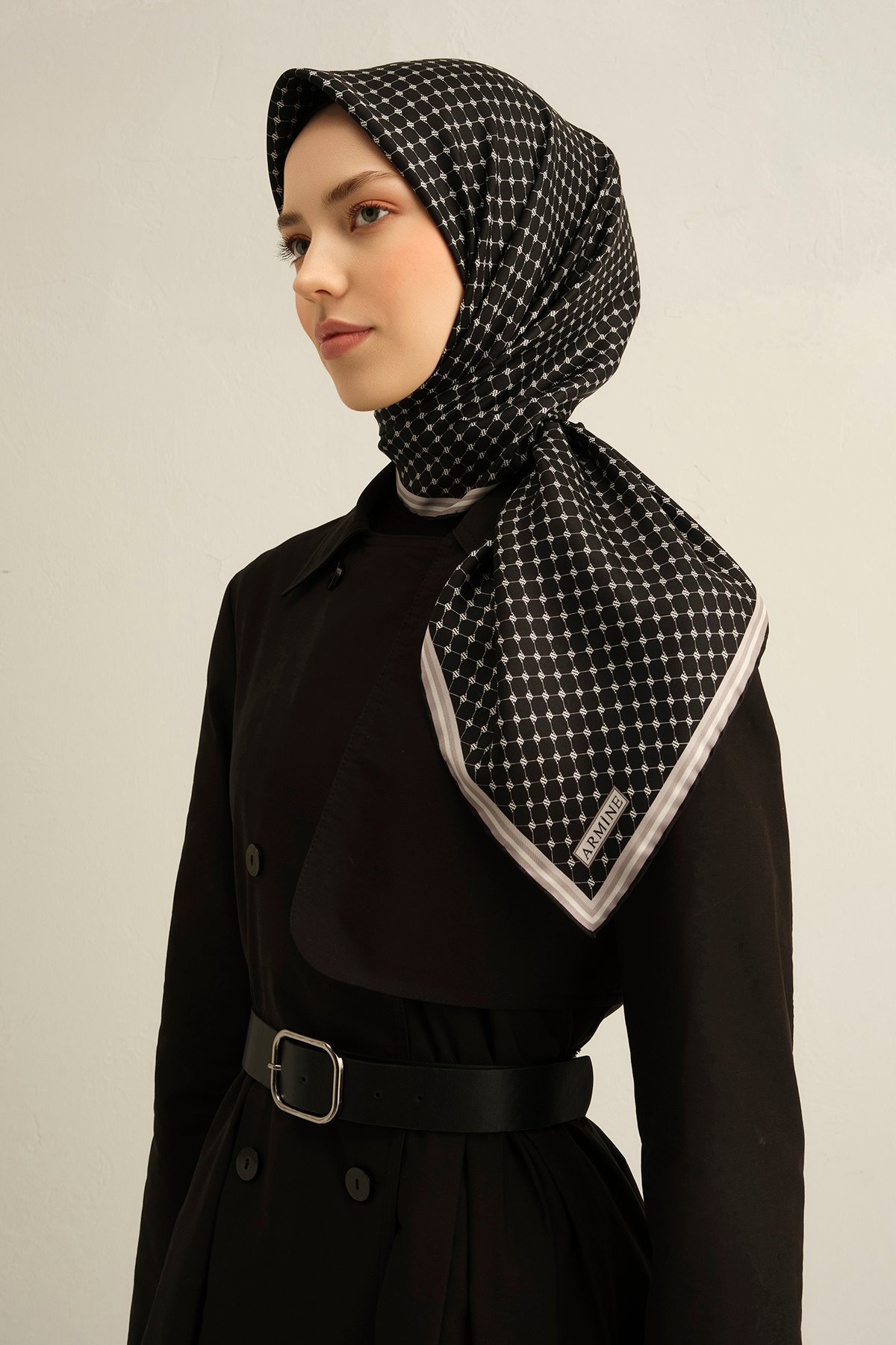 Armine Sura İpek Eşarp 9345DS - Siyah-Beyaz-10
