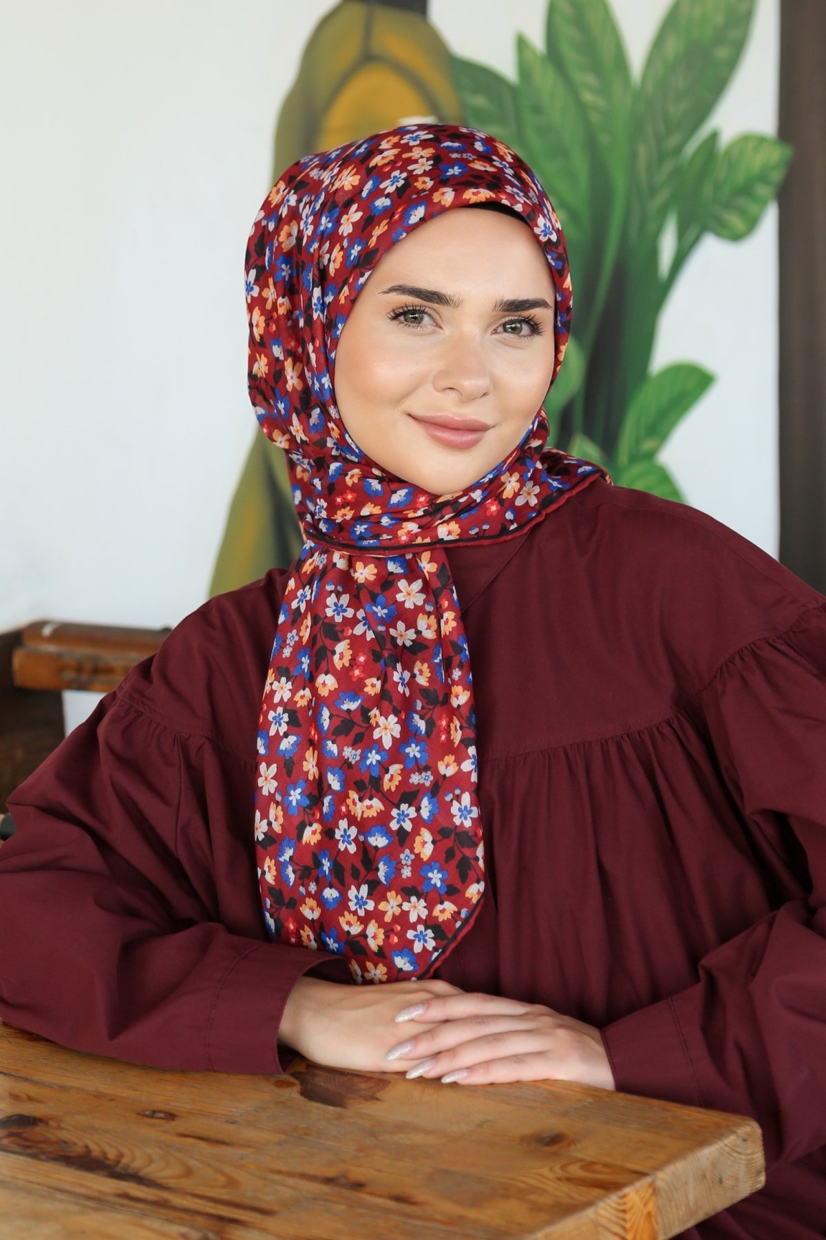 Tesettürnağme Soft Pamuk Eşarp TN2008 - Bordo-Sarı-Mavi-13