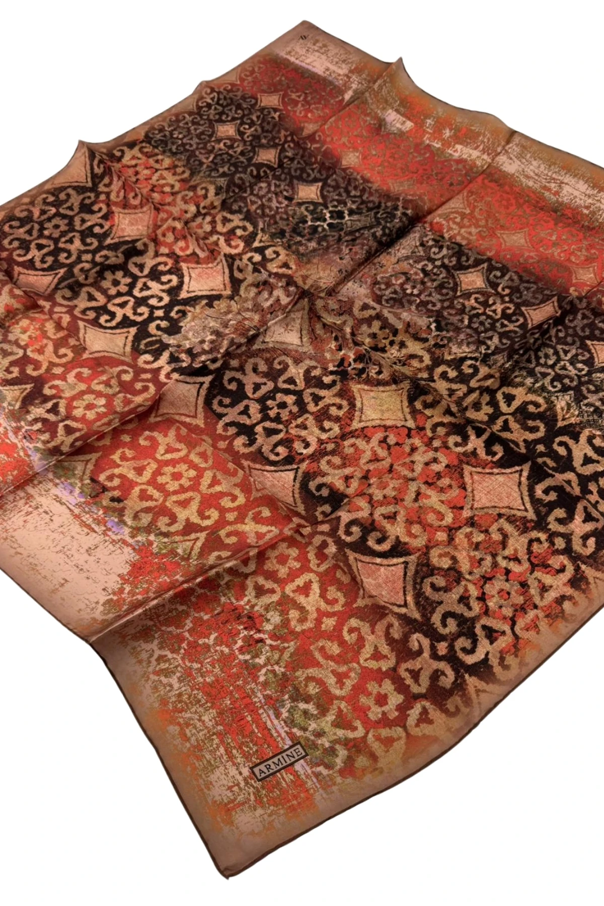 Nostalji Serisi Twill İpek Eşarp 8022DS-01 Etnik Desen 01-Turuncu-Camel