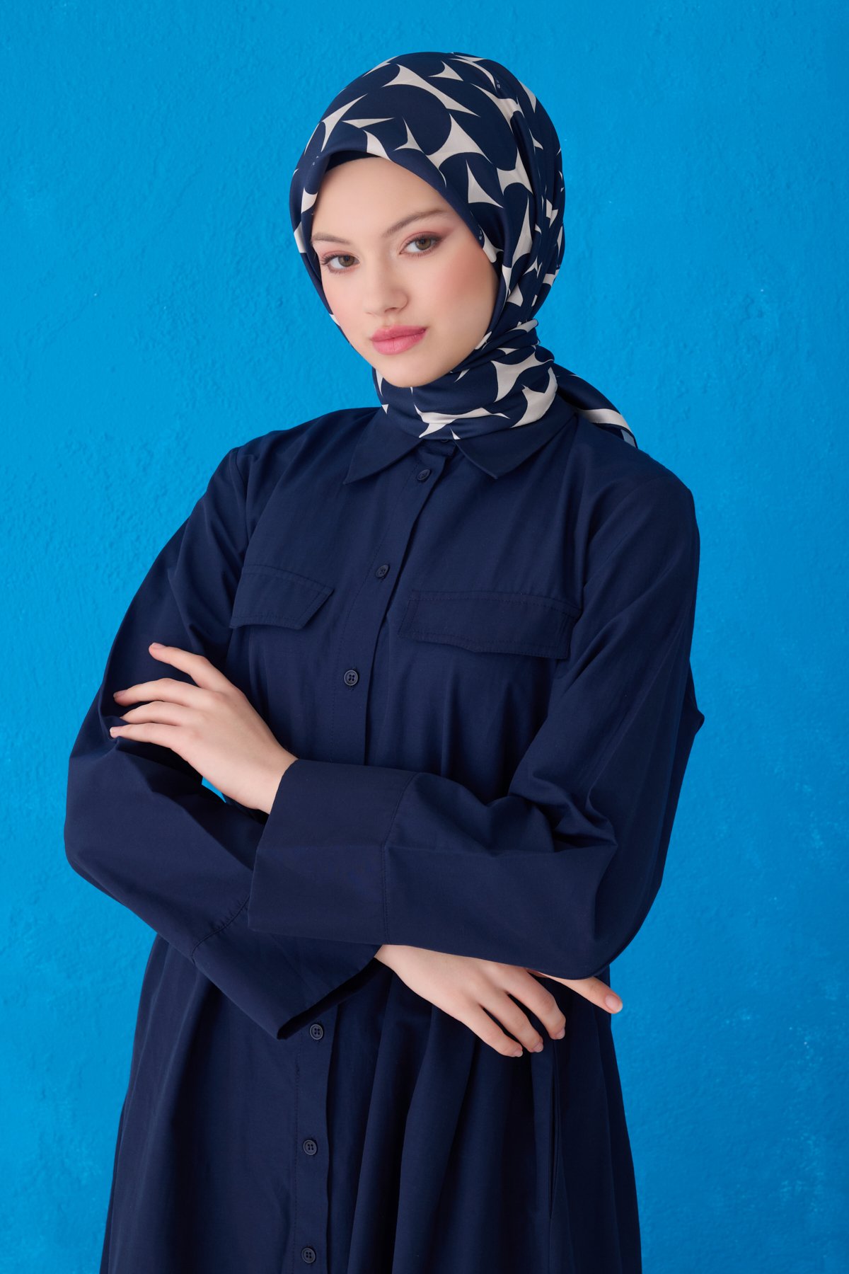Belli Twill İpek Eşarp 4117D - Lacivert-Beyaz-81