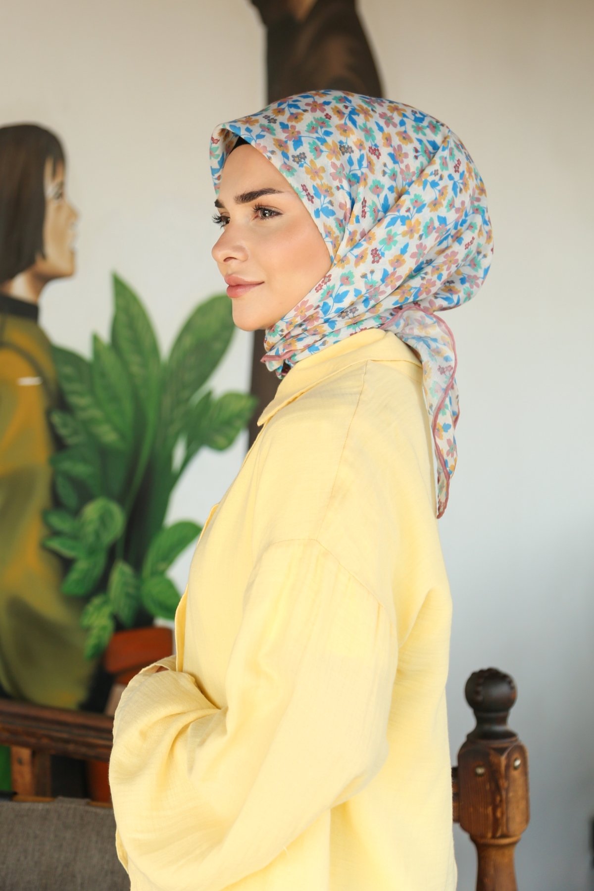 Tesettürnağme Soft Pamuk Eşarp TN2008 - Krem-Mavi-Hardal-09